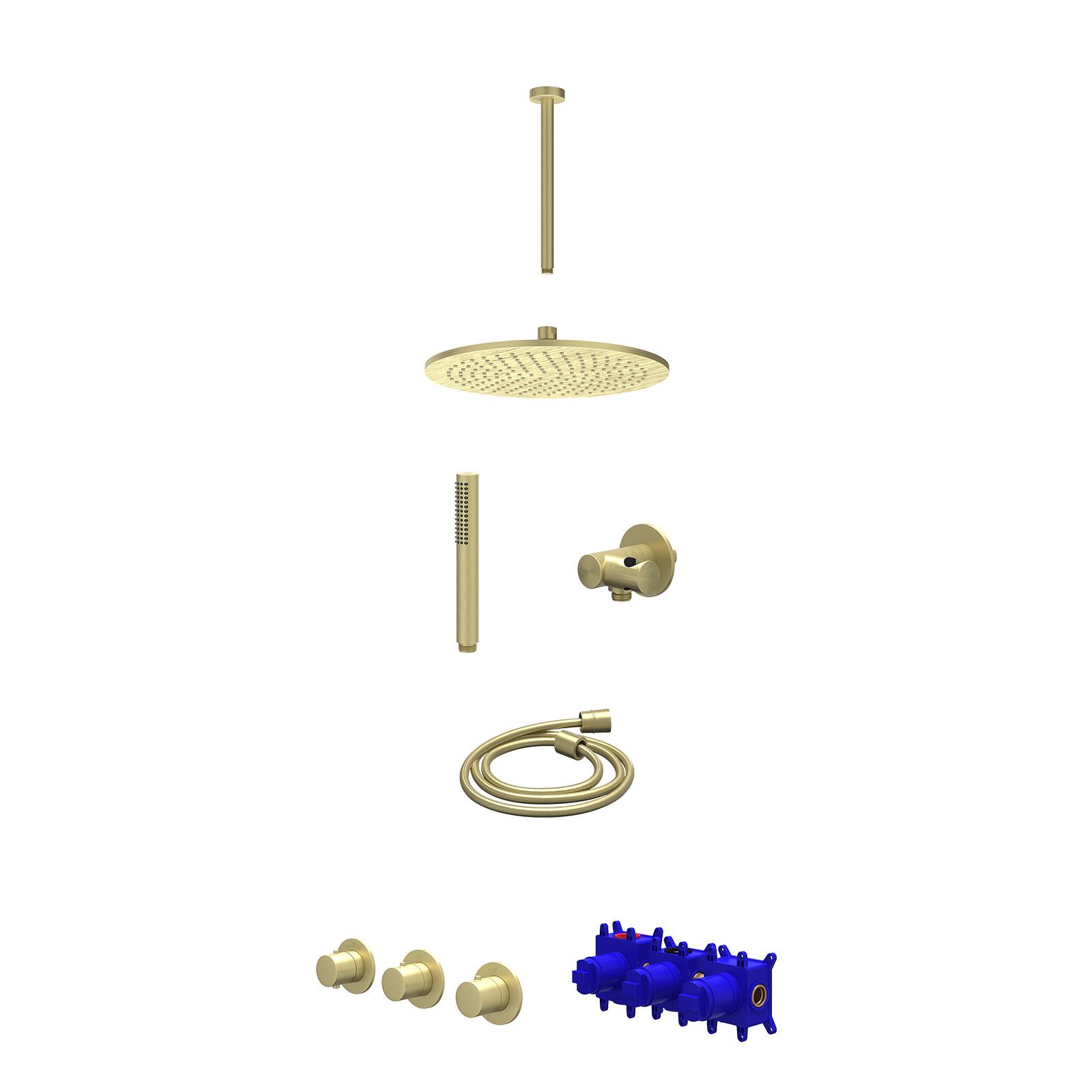 IVY Bond Regendoucheset inbouw 2 stopkranen - 30cm medium - plafond 30cm - verstelbare steun - staafhanddouche - Geborsteld mat goud