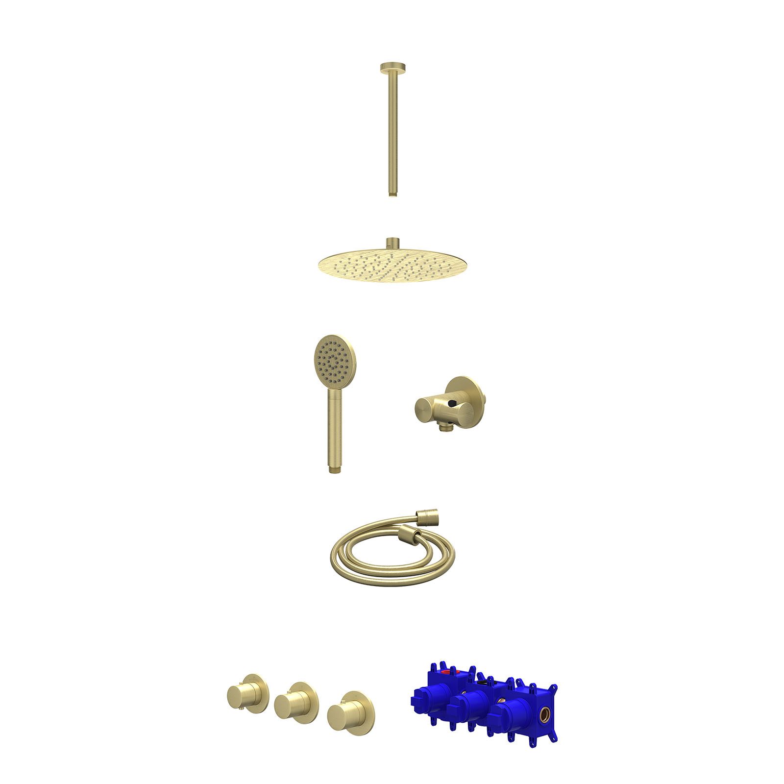 IVY Bond Regendoucheset inbouw 2 stopkranen - 25cm slim - plafond 30cm - verstelbare steun - satin spray - Geborsteld mat goud