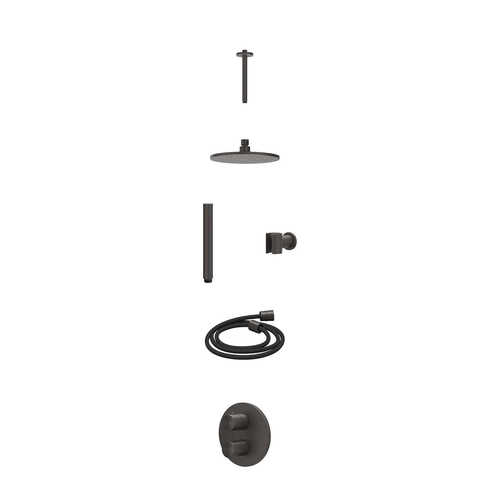 IVY Concord Regendoucheset inbouw 2-weg RVS316 - 20cm medium - plafond 20cm - wandhouder - staafhanddouche - excl. inbouwbox - Geborsteld carbon black