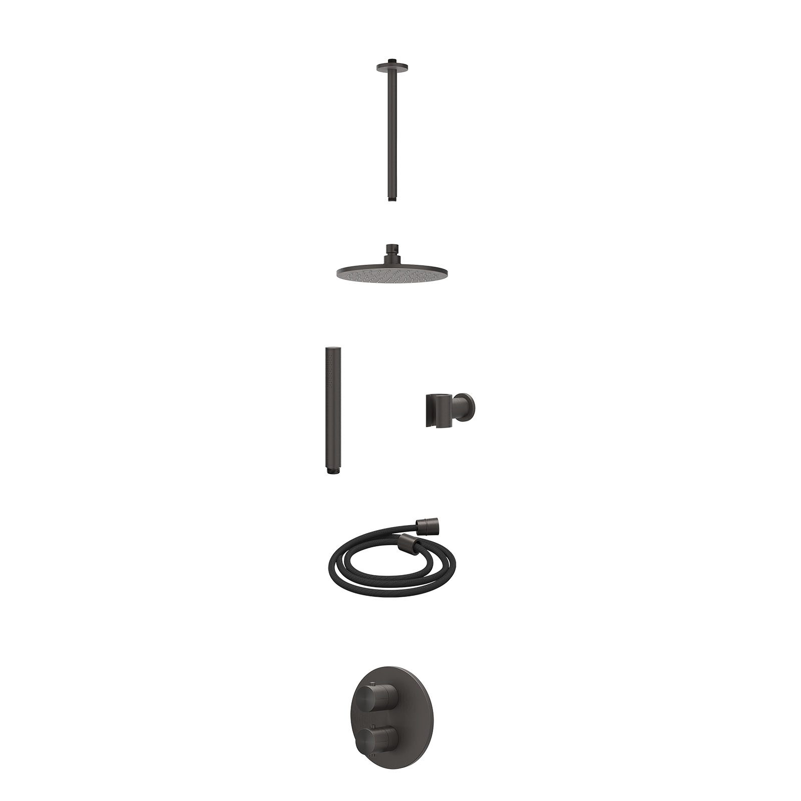 IVY Concord Regendoucheset inbouw 2-weg RVS316 - 20cm medium - plafond 30cm - wandhouder - staafhanddouche - excl. inbouwbox - Geborsteld carbon black
