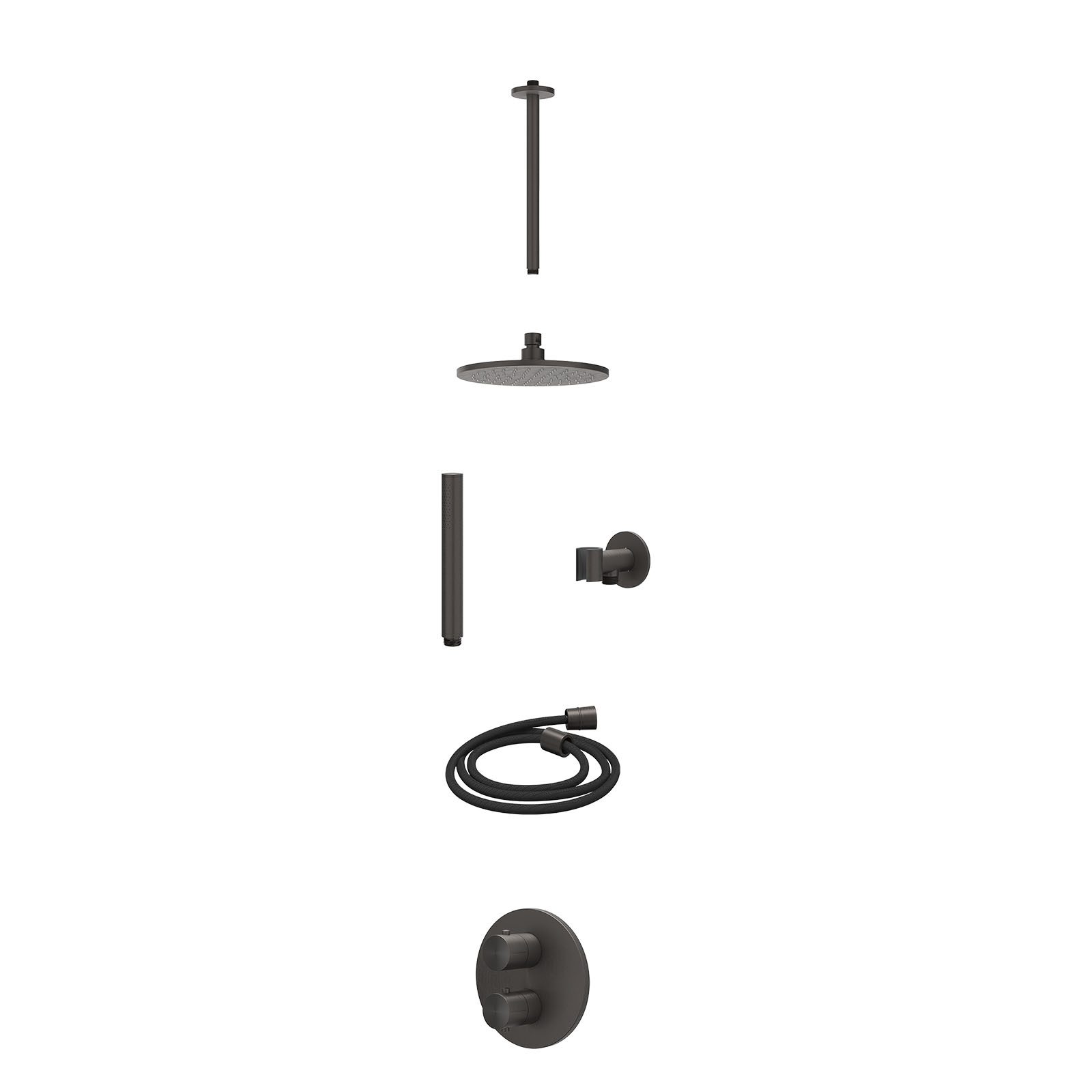 IVY Concord Regendoucheset inbouw 2-weg RVS316 - 20cm medium - plafond 30cm - glijstang - staafhanddouche - excl. inbouwbox - Geborsteld carbon black