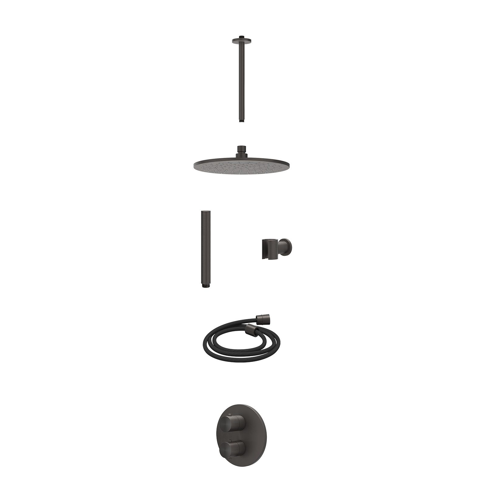 IVY Concord Regendoucheset inbouw 2-weg RVS316 - 25cm medium - plafond 30cm - wandhouder - staafhanddouche - excl. inbouwbox - Geborsteld carbon black