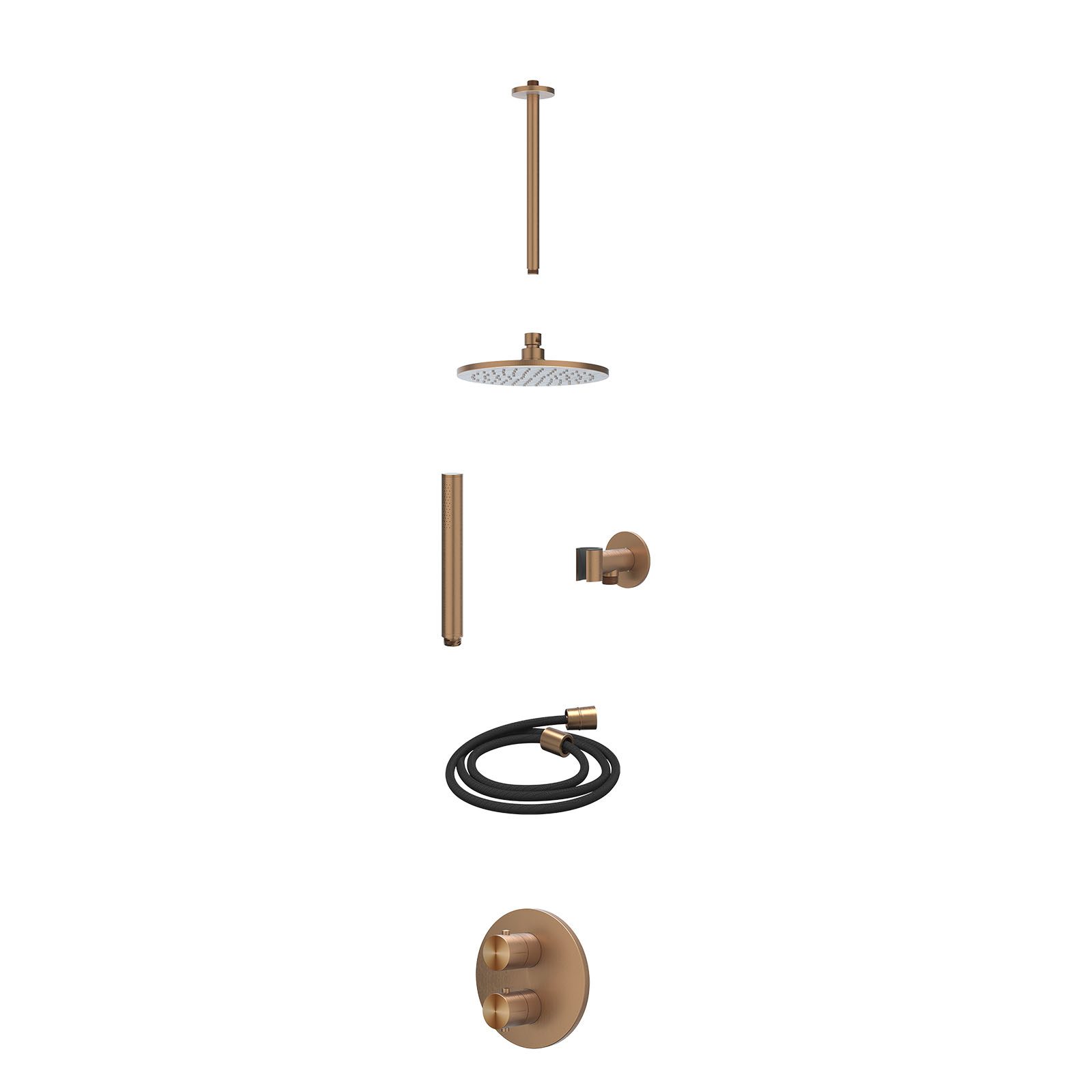 IVY Concord Regendoucheset inbouw 2-weg RVS316 - 20cm medium - plafond 30cm - glijstang - staafhanddouche - excl. inbouwbox - Geborsteld mat koper