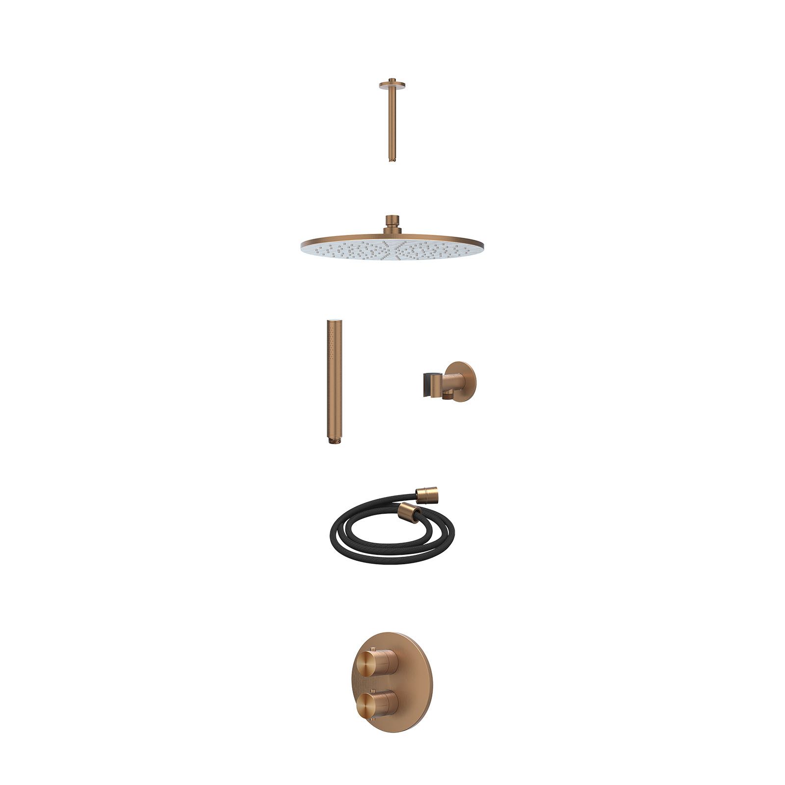 IVY Concord Regendoucheset inbouw 2-weg RVS316 - 30cm medium - plafond 20cm - glijstang - staafhanddouche - excl. inbouwbox - Geborsteld mat koper