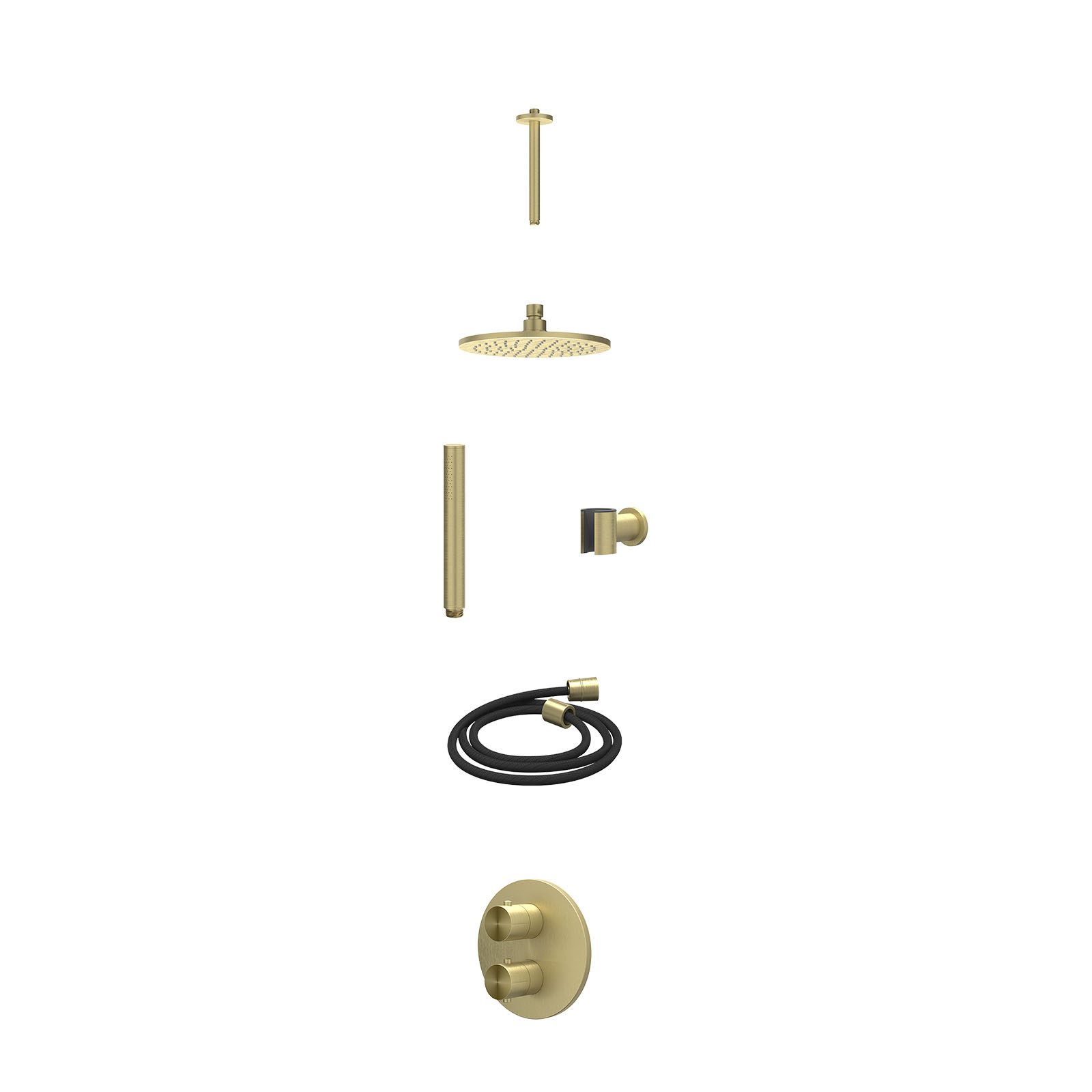 IVY Concord Regendoucheset inbouw 2-weg RVS316 - 20cm medium - plafond 20cm - wandhouder - staafhanddouche - excl. inbouwbox - Geborsteld mat goud