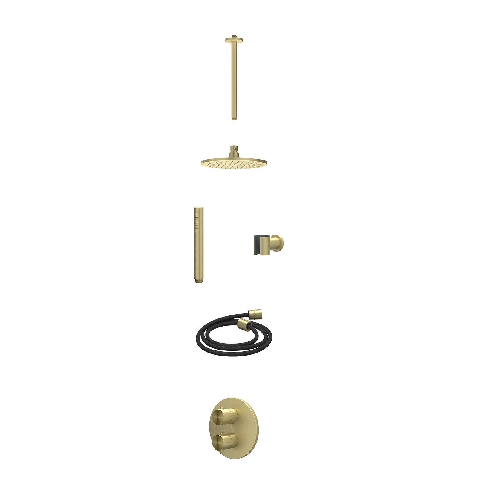 IVY Concord Regendoucheset inbouw 2-weg RVS316 - 20cm medium - plafond 30cm - wandhouder - staafhanddouche - excl. inbouwbox - Geborsteld mat goud