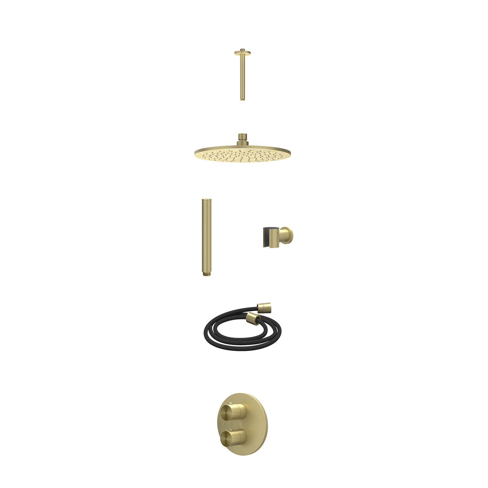IVY Concord Regendoucheset inbouw 2-weg RVS316 - 25cm medium - plafond 20cm - wandhouder - staafhanddouche - excl. inbouwbox - Geborsteld mat goud