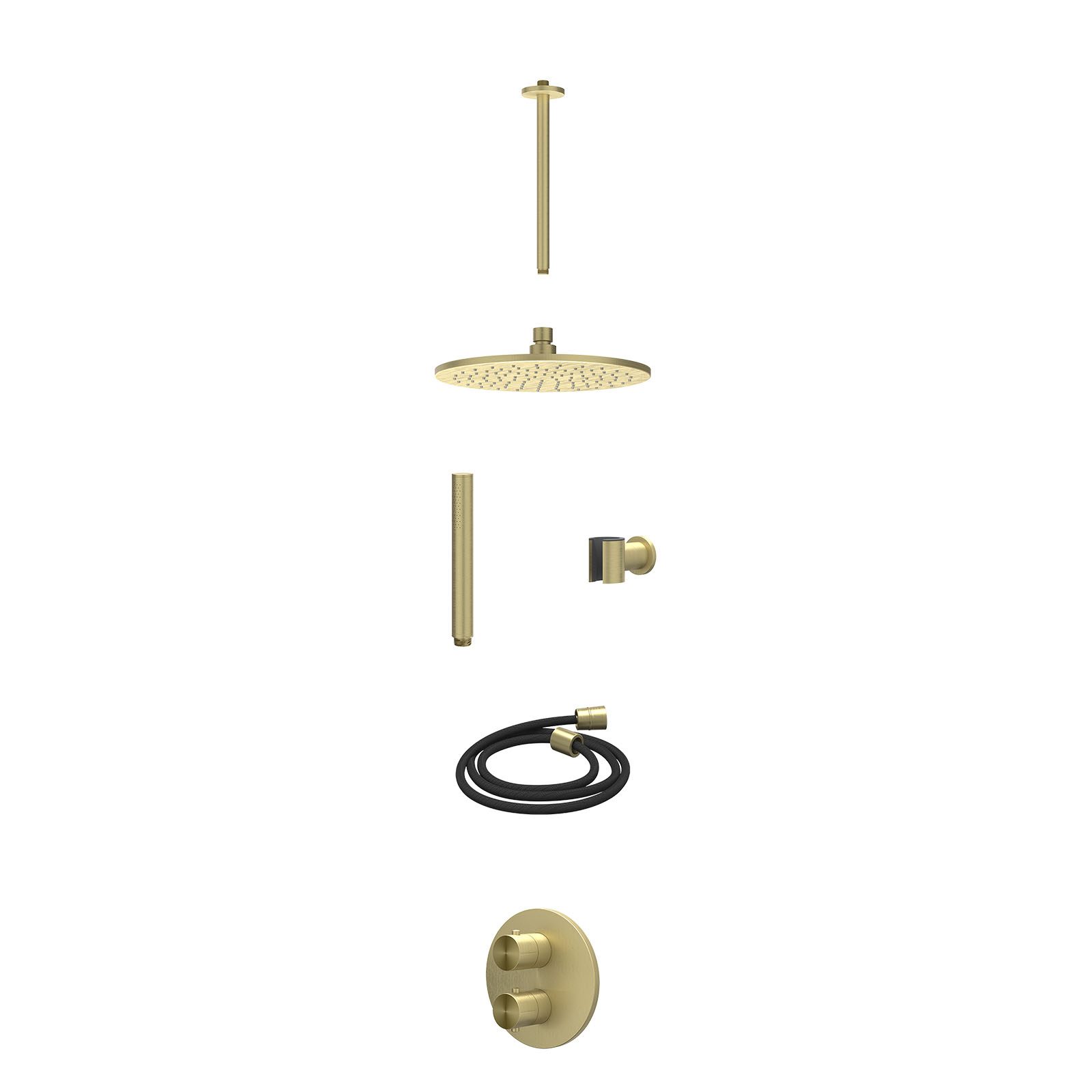 IVY Concord Regendoucheset inbouw 2-weg RVS316 - 25cm medium - plafond 30cm - wandhouder - staafhanddouche - excl. inbouwbox - Geborsteld mat goud