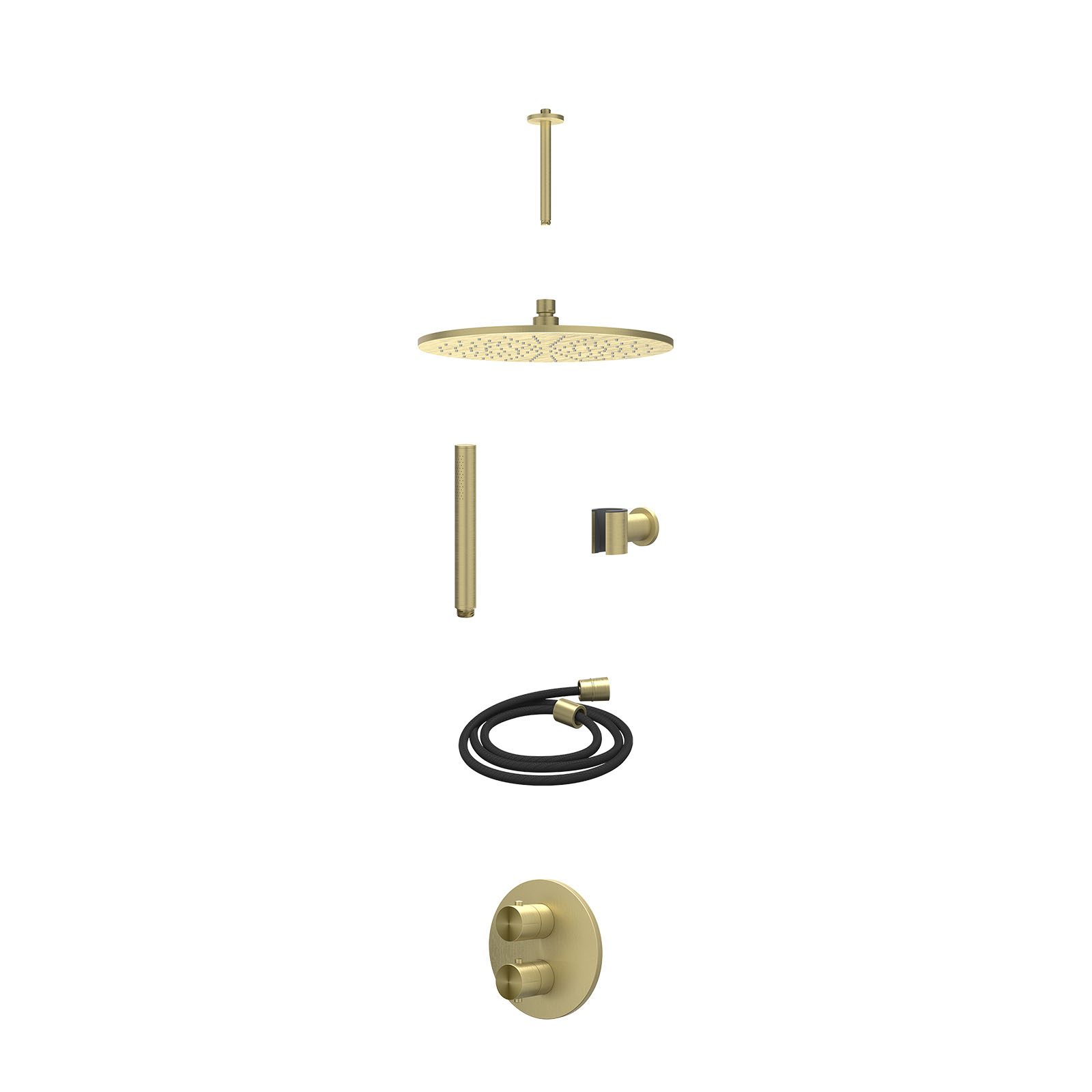 IVY Concord Regendoucheset inbouw 2-weg RVS316 - 30cm medium - plafond 20cm - wandhouder - staafhanddouche - excl. inbouwbox - Geborsteld mat goud