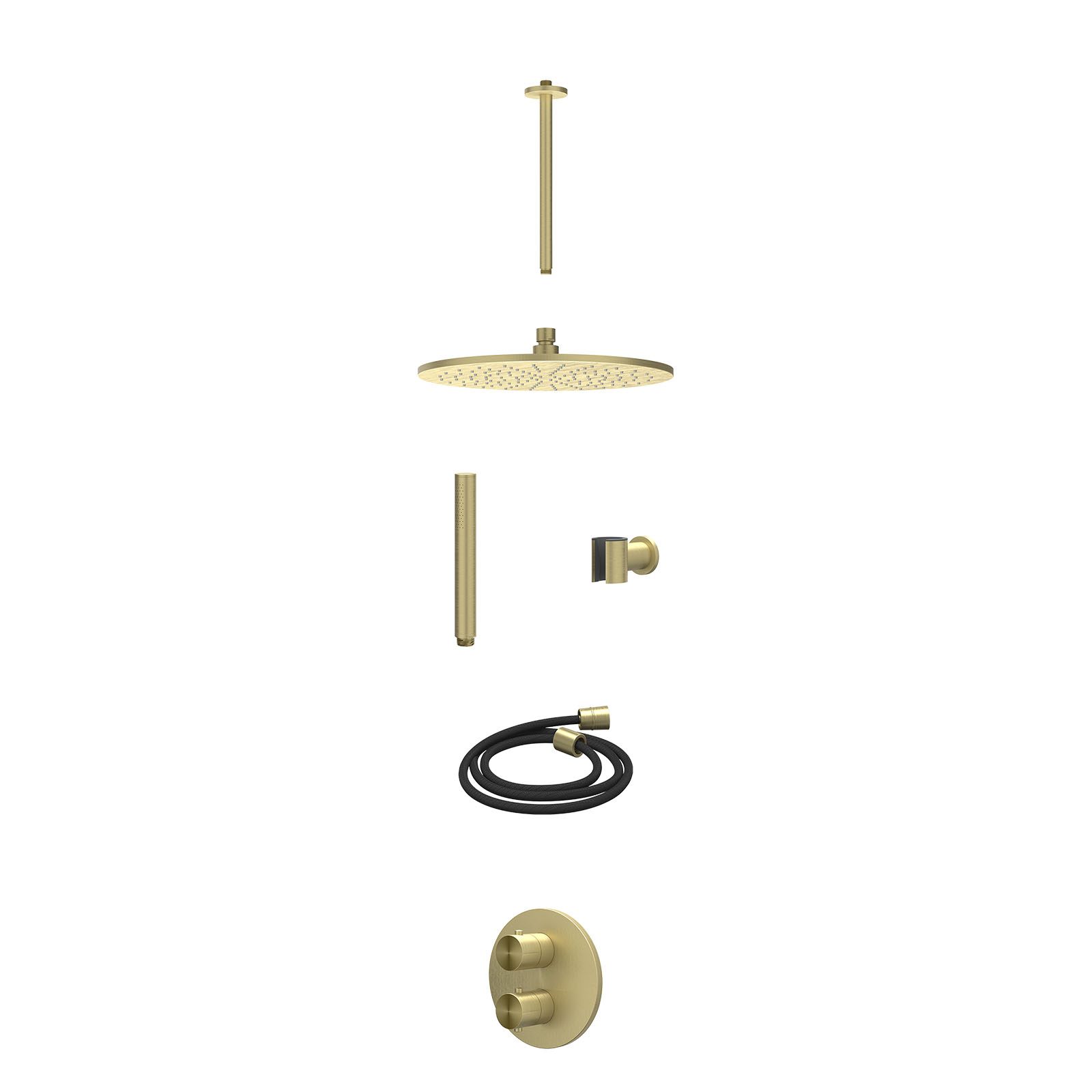 IVY Concord Regendoucheset inbouw 2-weg RVS316 - 30cm medium - plafond 30cm - wandhouder - staafhanddouche - excl. inbouwbox - Geborsteld mat goud
