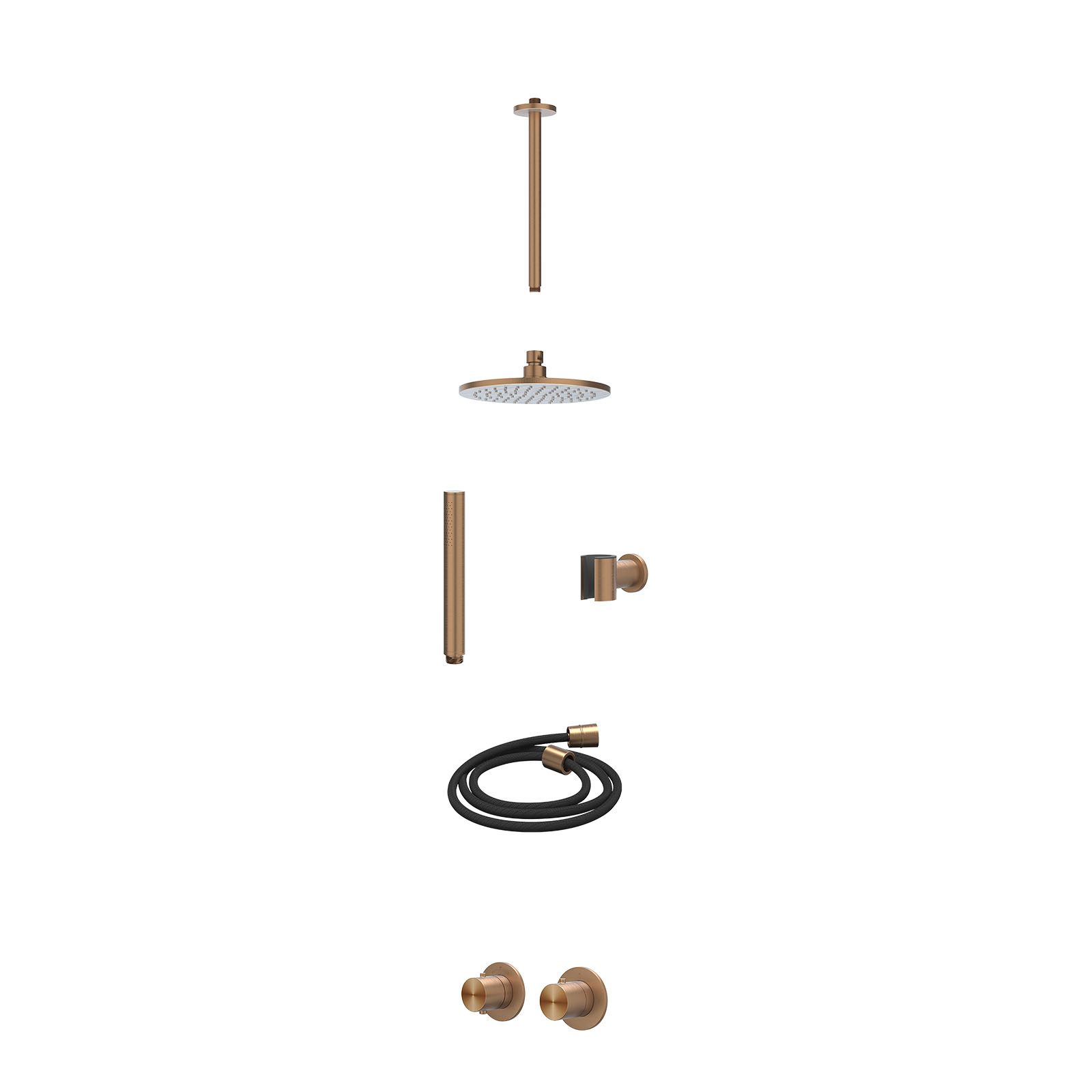 IVY Concord Regendoucheset inbouw symmetry 2-weg RVS316 - 20cm medium - plafond 30cm - wandhouder - staafhanddouche - excl. inbouwbox - Geborsteld mat koper