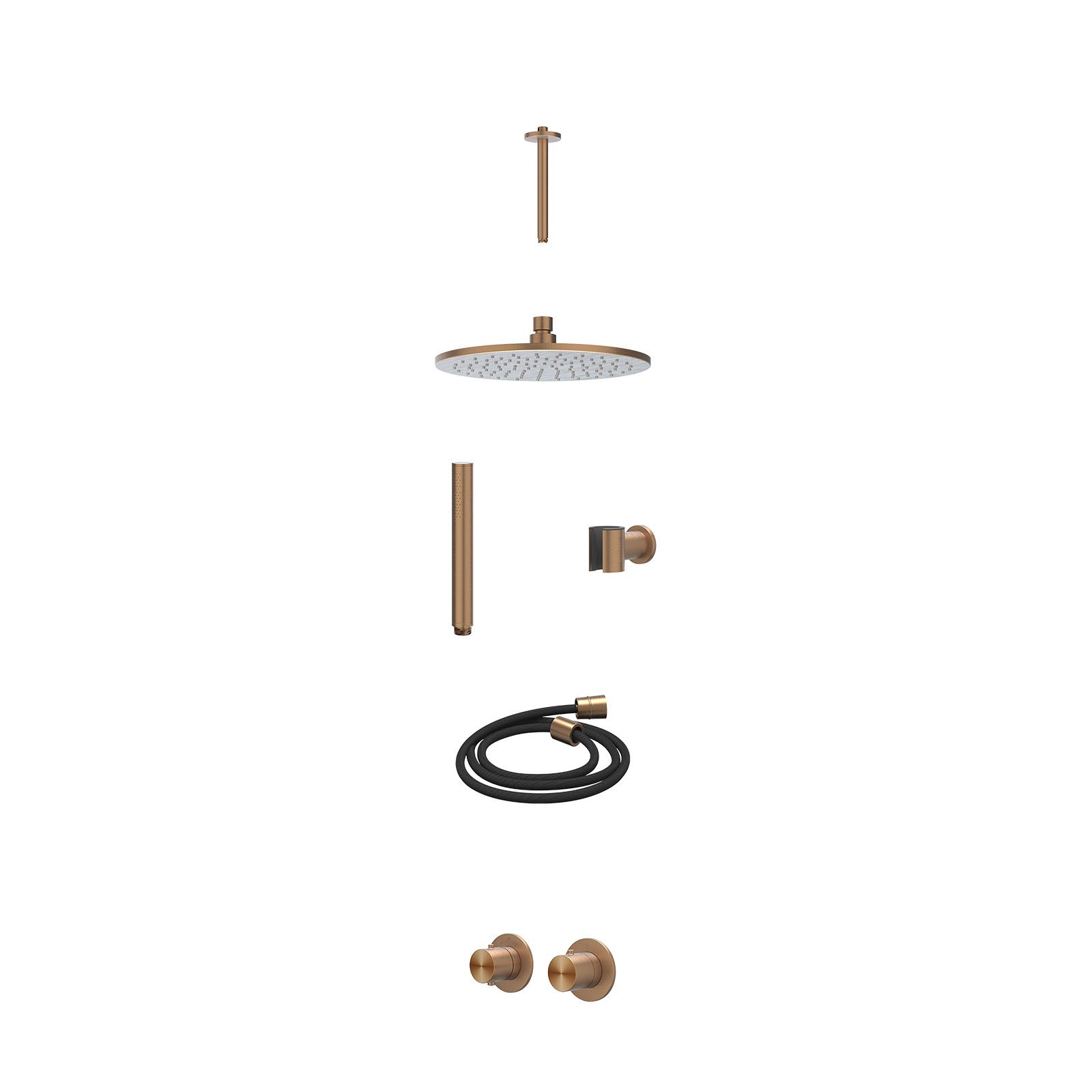 IVY Concord Regendoucheset inbouw symmetry 2-weg RVS316 - 25cm medium - plafond 20cm - wandhouder - staafhanddouche - excl. inbouwbox - Geborsteld mat koper