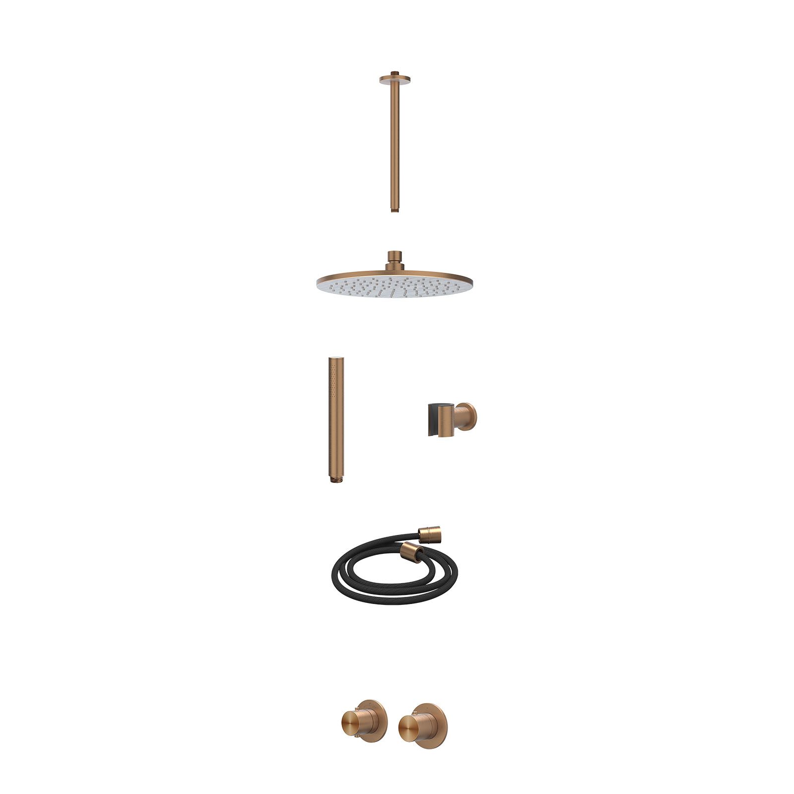 IVY Concord Regendoucheset inbouw symmetry 2-weg RVS316 - 25cm medium - plafond 30cm - wandhouder - staafhanddouche - excl. inbouwbox - Geborsteld mat koper
