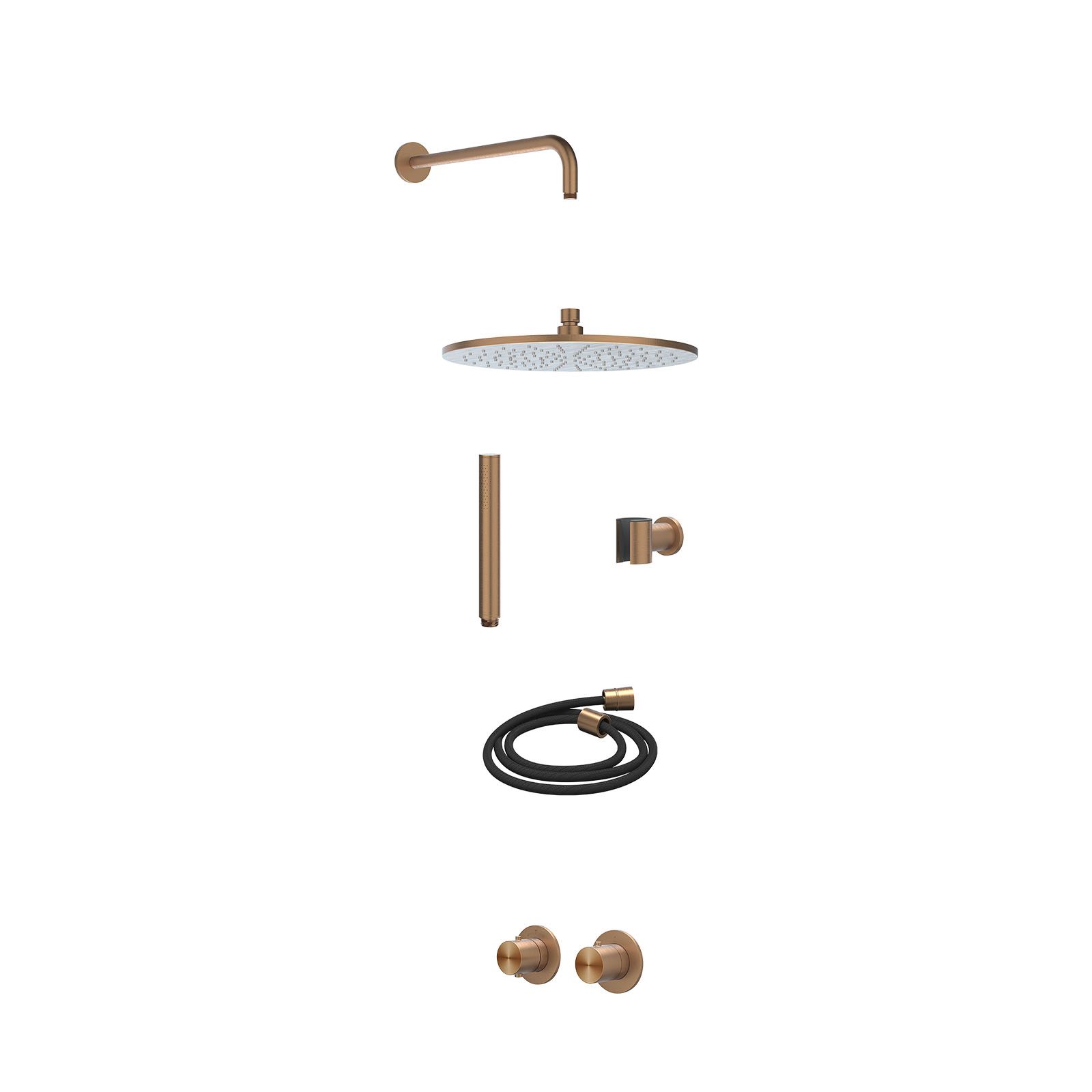 IVY Concord Regendoucheset inbouw symmetry 2-weg RVS316 - 30cm medium - wandarm 40cm - wandhouder - staafhanddouche - excl. inbouwbox - Geborsteld mat koper