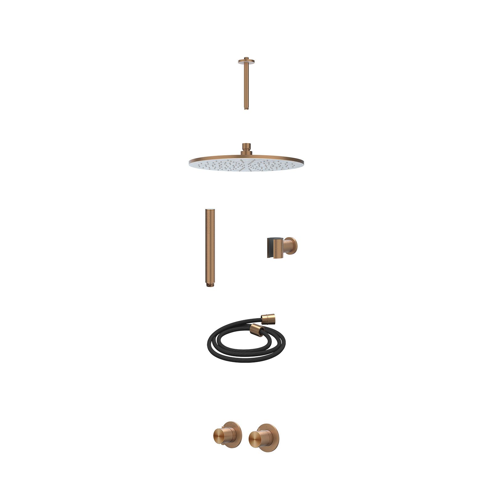 IVY Concord Regendoucheset inbouw symmetry 2-weg RVS316 - 30cm medium - plafond 20cm - wandhouder - staafhanddouche - excl. inbouwbox - Geborsteld mat koper