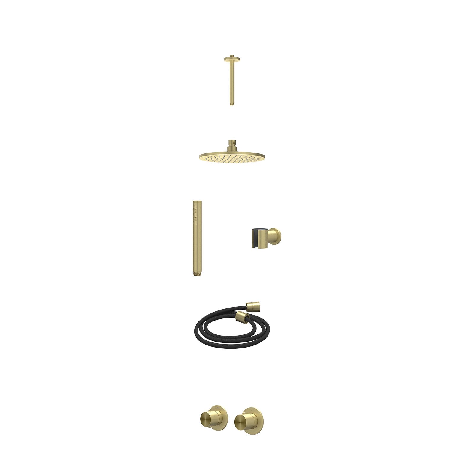 IVY Concord Regendoucheset inbouw symmetry 2-weg RVS316 - 20cm medium - plafond 20cm - wandhouder - staafhanddouche - excl. inbouwbox - Geborsteld mat goud