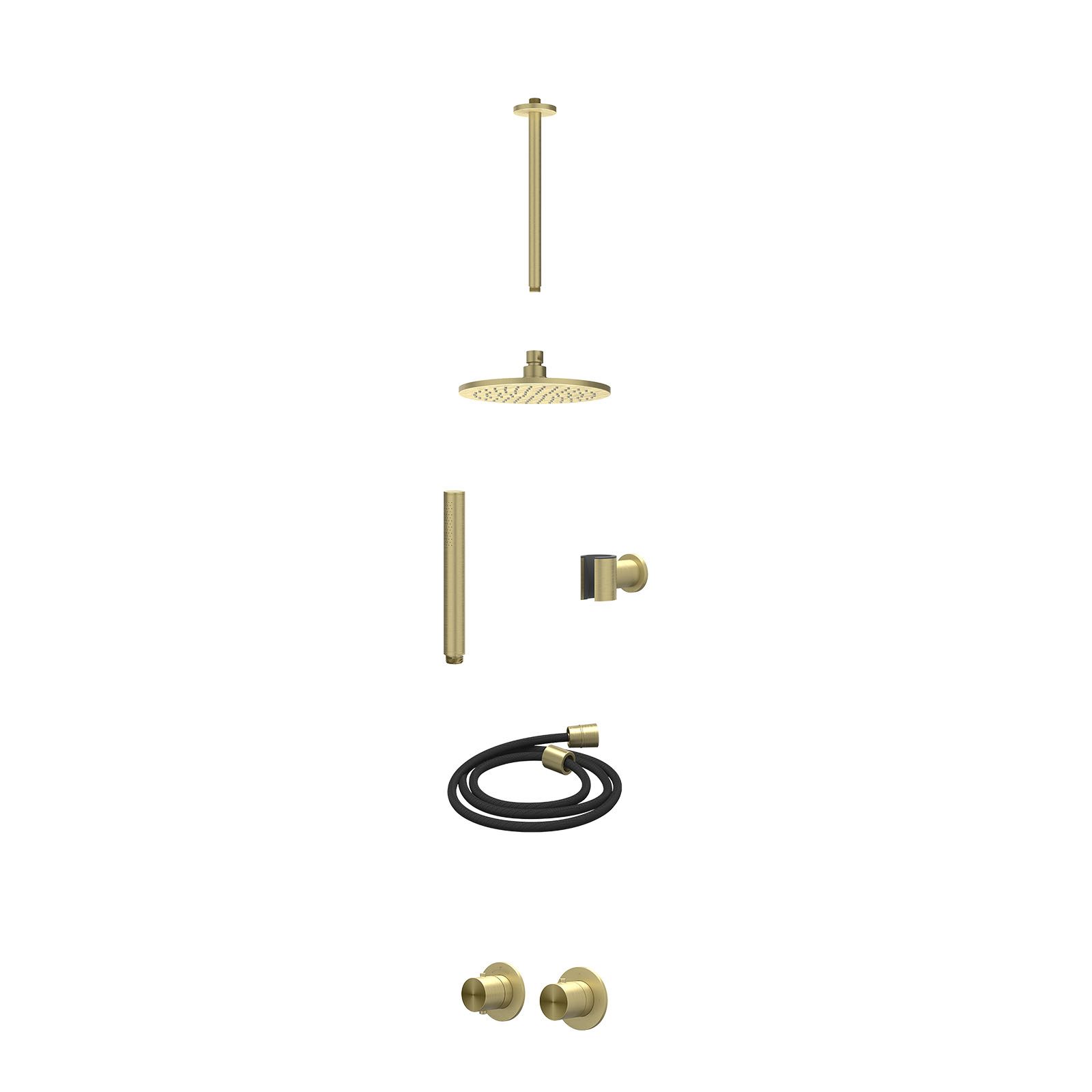 IVY Concord Regendoucheset inbouw symmetry 2-weg RVS316 - 20cm medium - plafond 30cm - wandhouder - staafhanddouche - excl. inbouwbox - Geborsteld mat goud