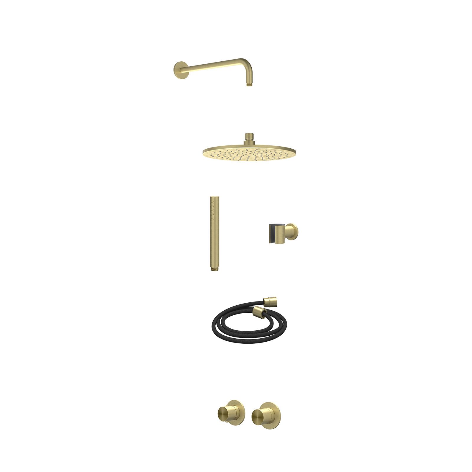 IVY Concord Regendoucheset inbouw symmetry 2-weg RVS316 - 25cm medium - wandarm 40cm - wandhouder - staafhanddouche - excl. inbouwbox - Geborsteld mat goud