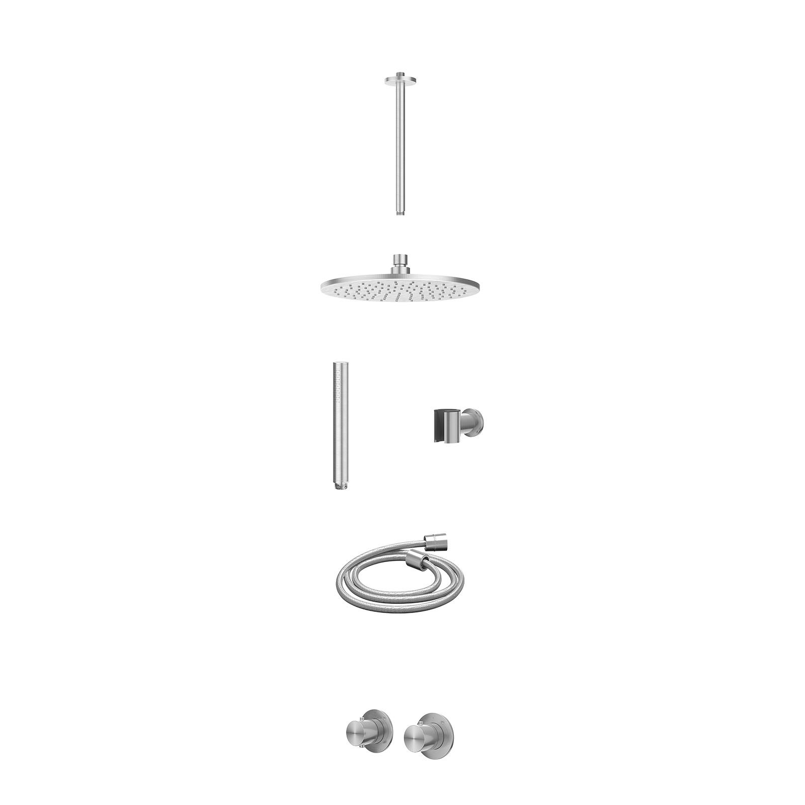 IVY Concord Regendoucheset inbouw symmetry 2-weg RVS316 - 25cm medium - plafond 30cm - wandhouder - staafhanddouche - excl. inbouwbox - RVS geborsteld