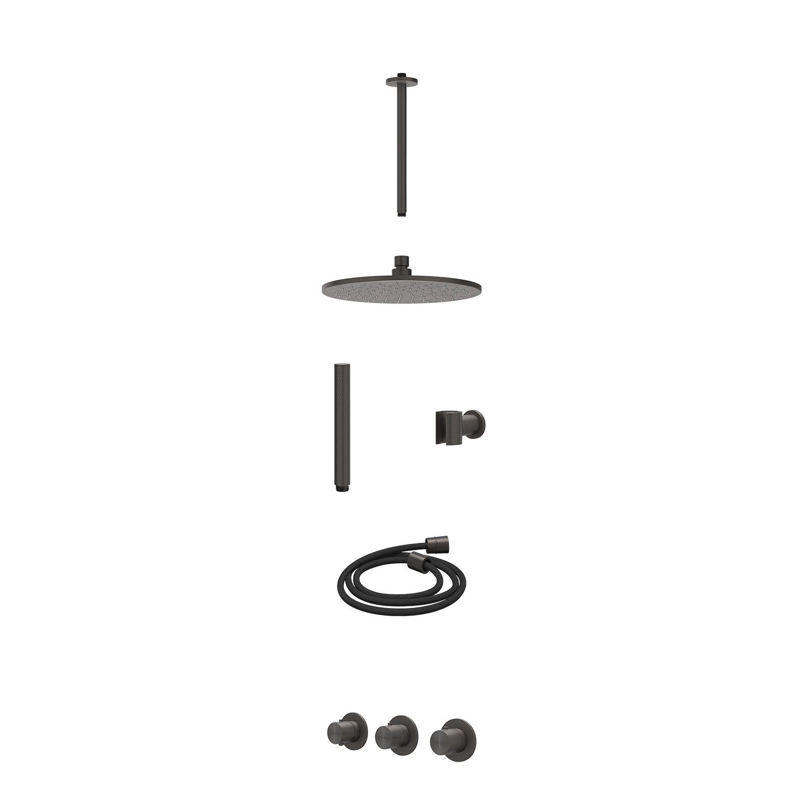 IVY Concord Regendoucheset inbouw 2 stopkranen RVS316 - 25cm medium - plafond 30cm - wandhouder - staafhanddouche - excl. inbouwbox - Geborsteld carbon black