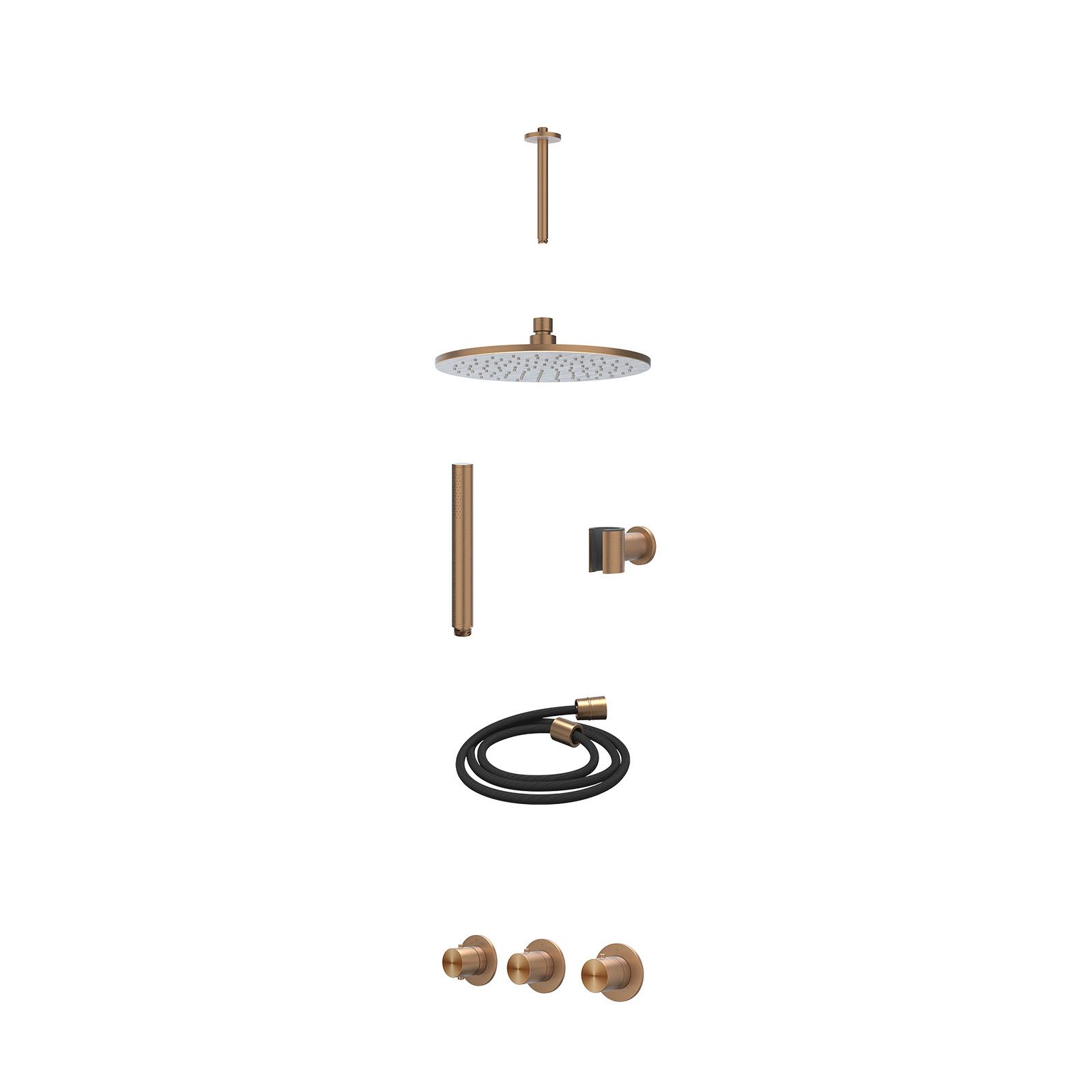IVY Concord Regendoucheset inbouw 2 stopkranen RVS316 - 25cm medium - plafond 20cm - wandhouder - staafhanddouche - excl. inbouwbox - Geborsteld mat koper