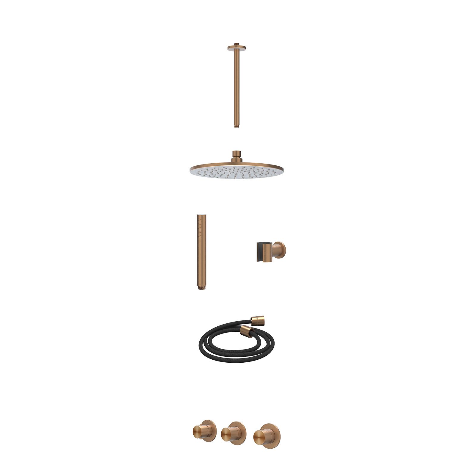 IVY Concord Regendoucheset inbouw 2 stopkranen RVS316 - 25cm medium - plafond 30cm - wandhouder - staafhanddouche - excl. inbouwbox - Geborsteld mat koper