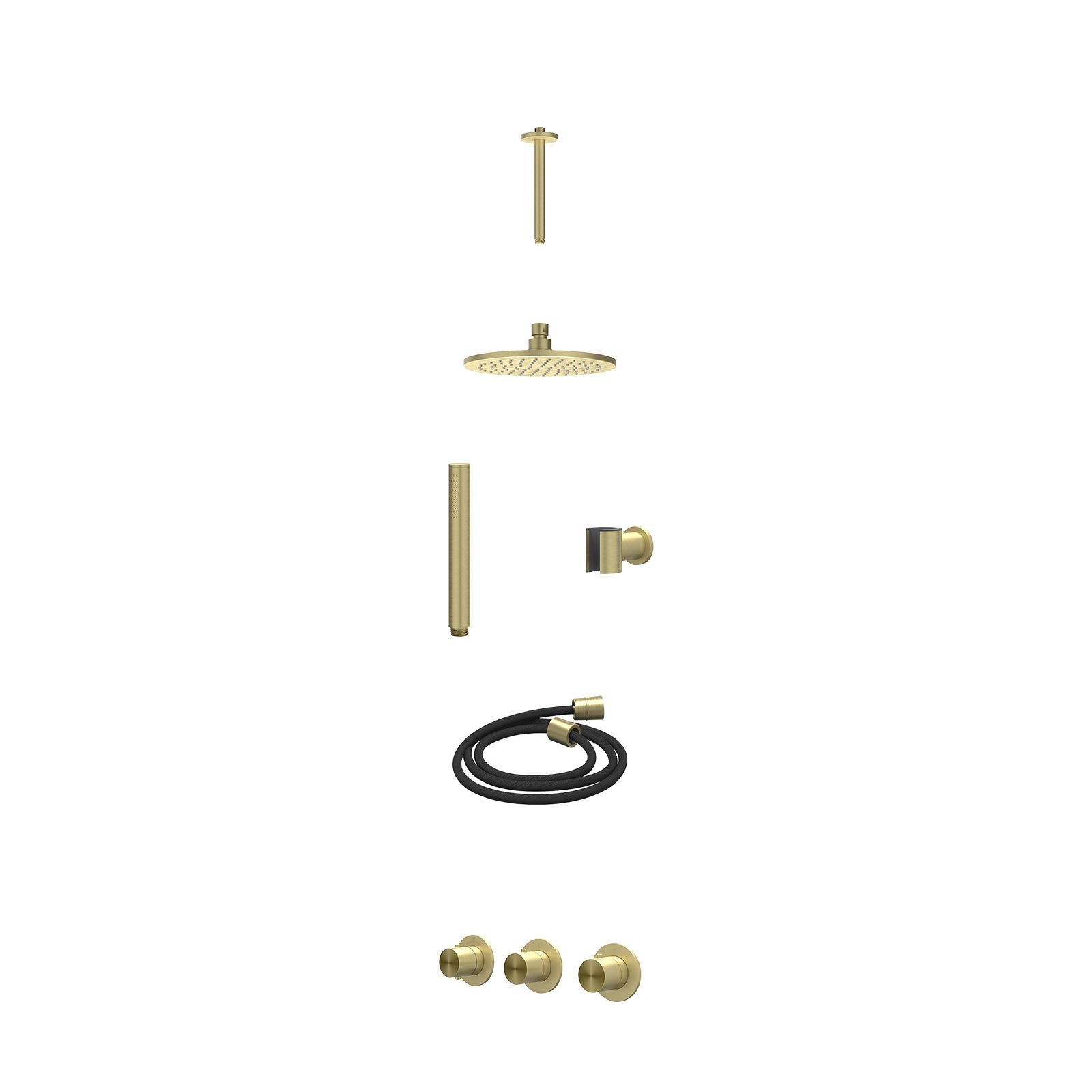 IVY Concord Regendoucheset inbouw 2 stopkranen RVS316 - 20cm medium - plafond 20cm - wandhouder - staafhanddouche - excl. inbouwbox - Geborsteld mat goud