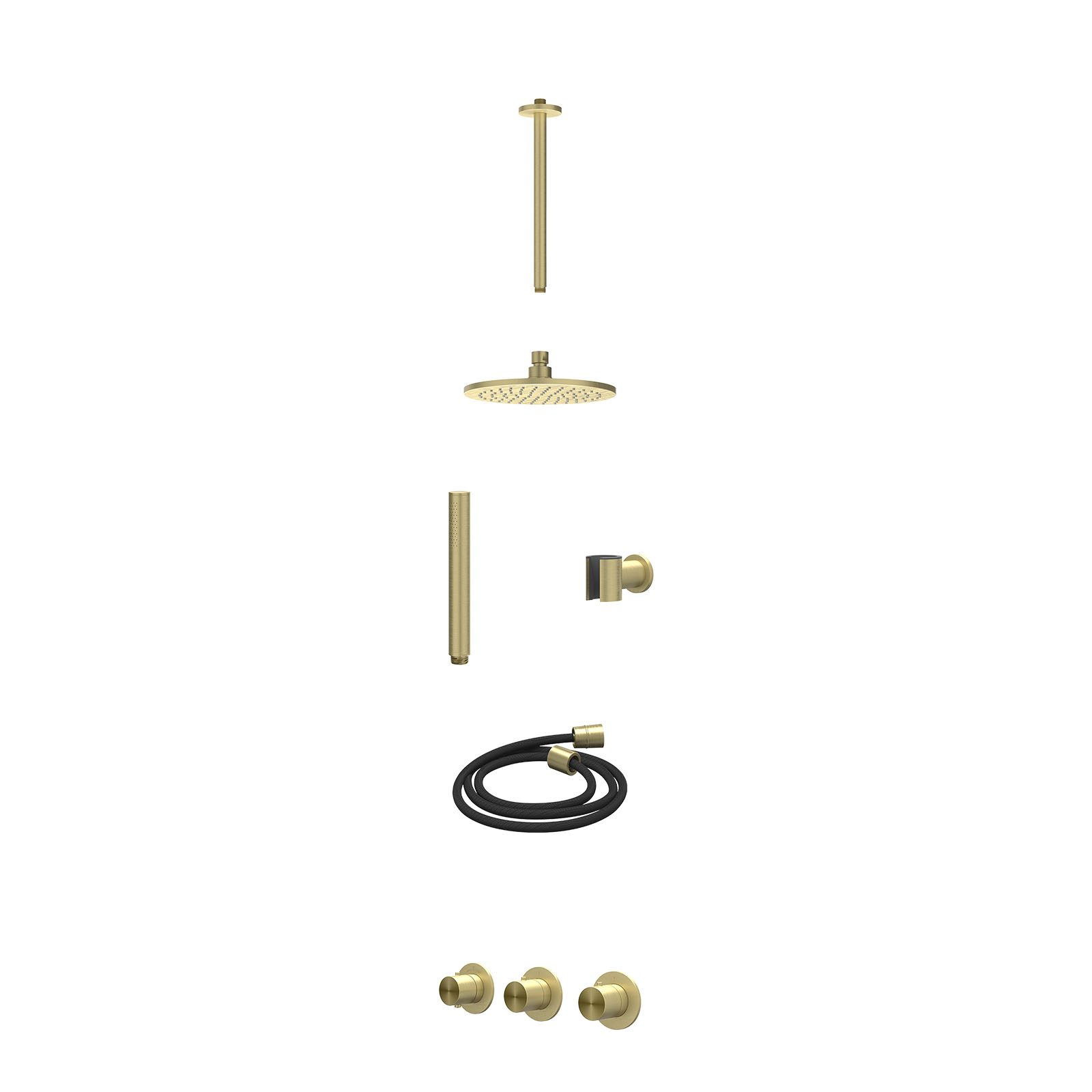 IVY Concord Regendoucheset inbouw 2 stopkranen RVS316 - 20cm medium - plafond 30cm - wandhouder - staafhanddouche - excl. inbouwbox - Geborsteld mat goud
