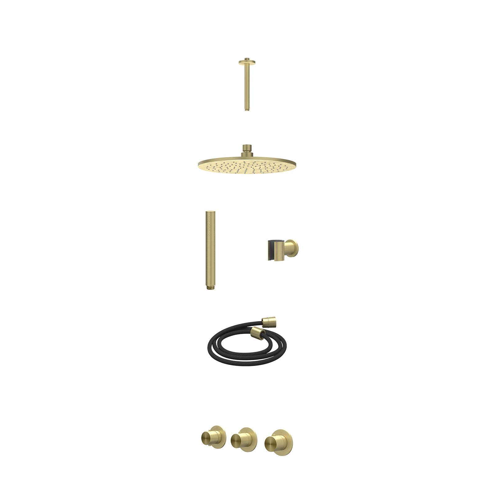 IVY Concord Regendoucheset inbouw 2 stopkranen RVS316 - 25cm medium - plafond 20cm - wandhouder - staafhanddouche - excl. inbouwbox - Geborsteld mat goud