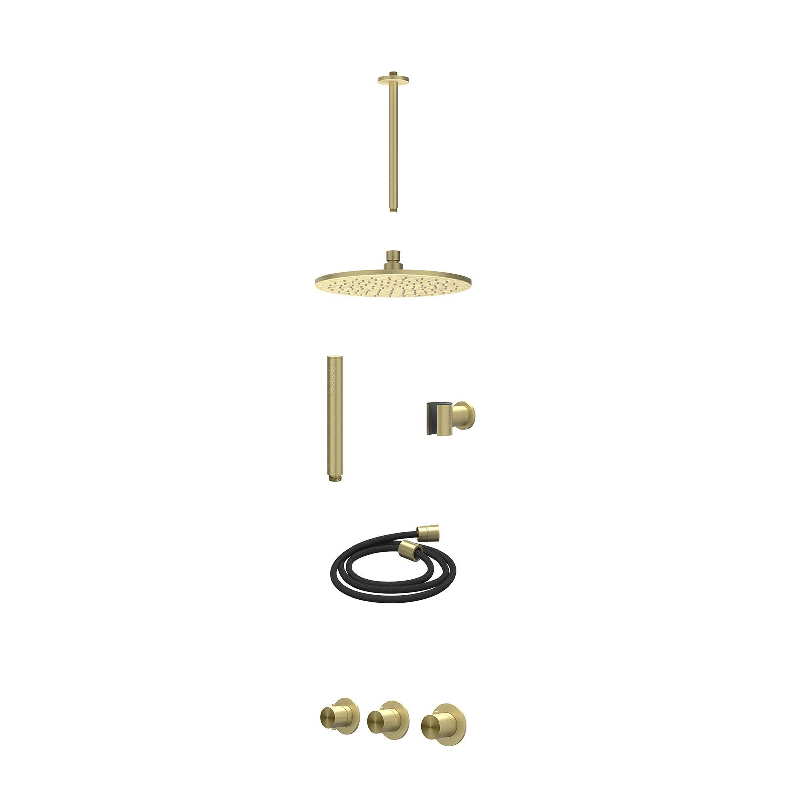 IVY Concord Regendoucheset inbouw 2 stopkranen RVS316 - 25cm medium - plafond 30cm - wandhouder - staafhanddouche - excl. inbouwbox - Geborsteld mat goud