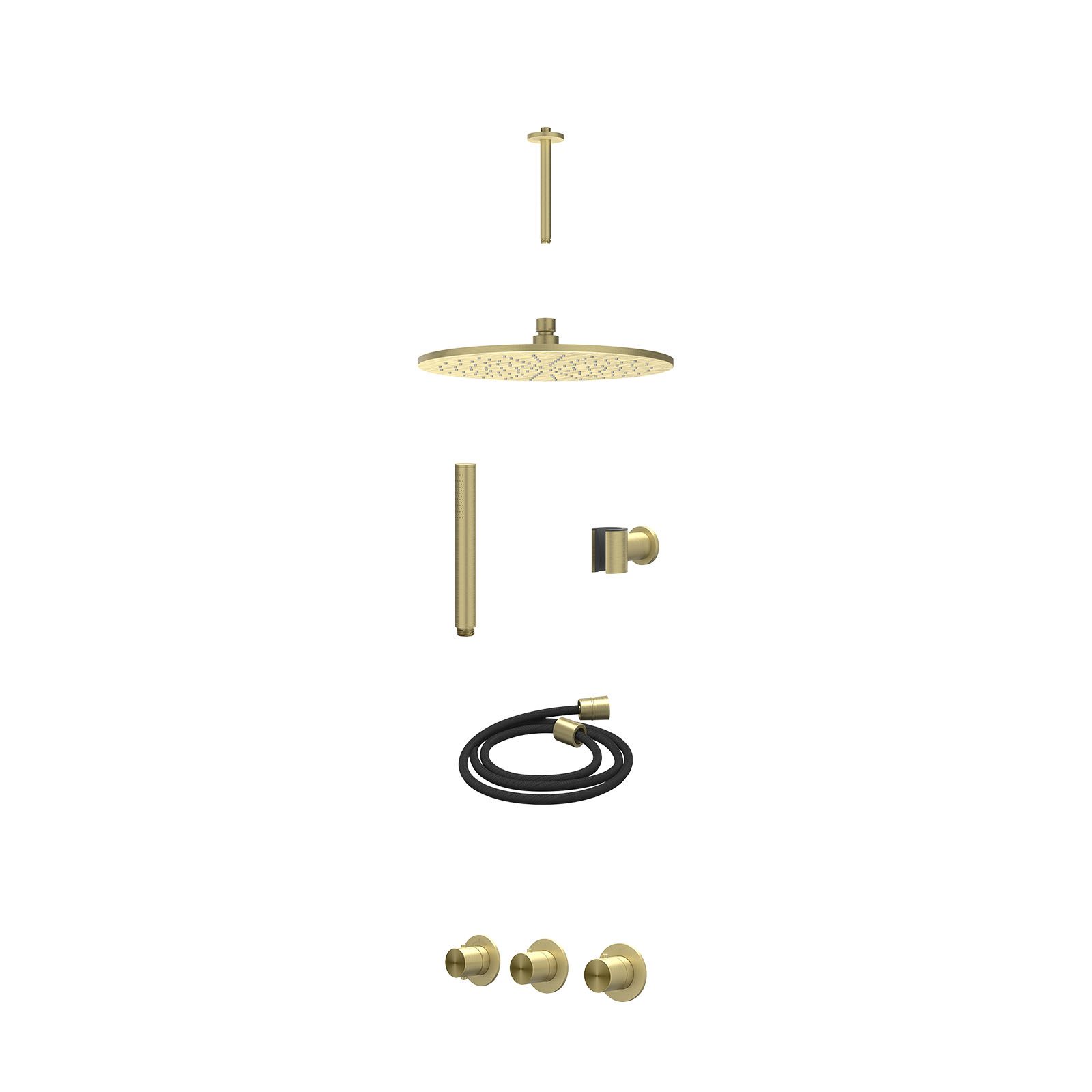 IVY Concord Regendoucheset inbouw 2 stopkranen RVS316 - 30cm medium - plafond 20cm - wandhouder - staafhanddouche - excl. inbouwbox - Geborsteld mat goud