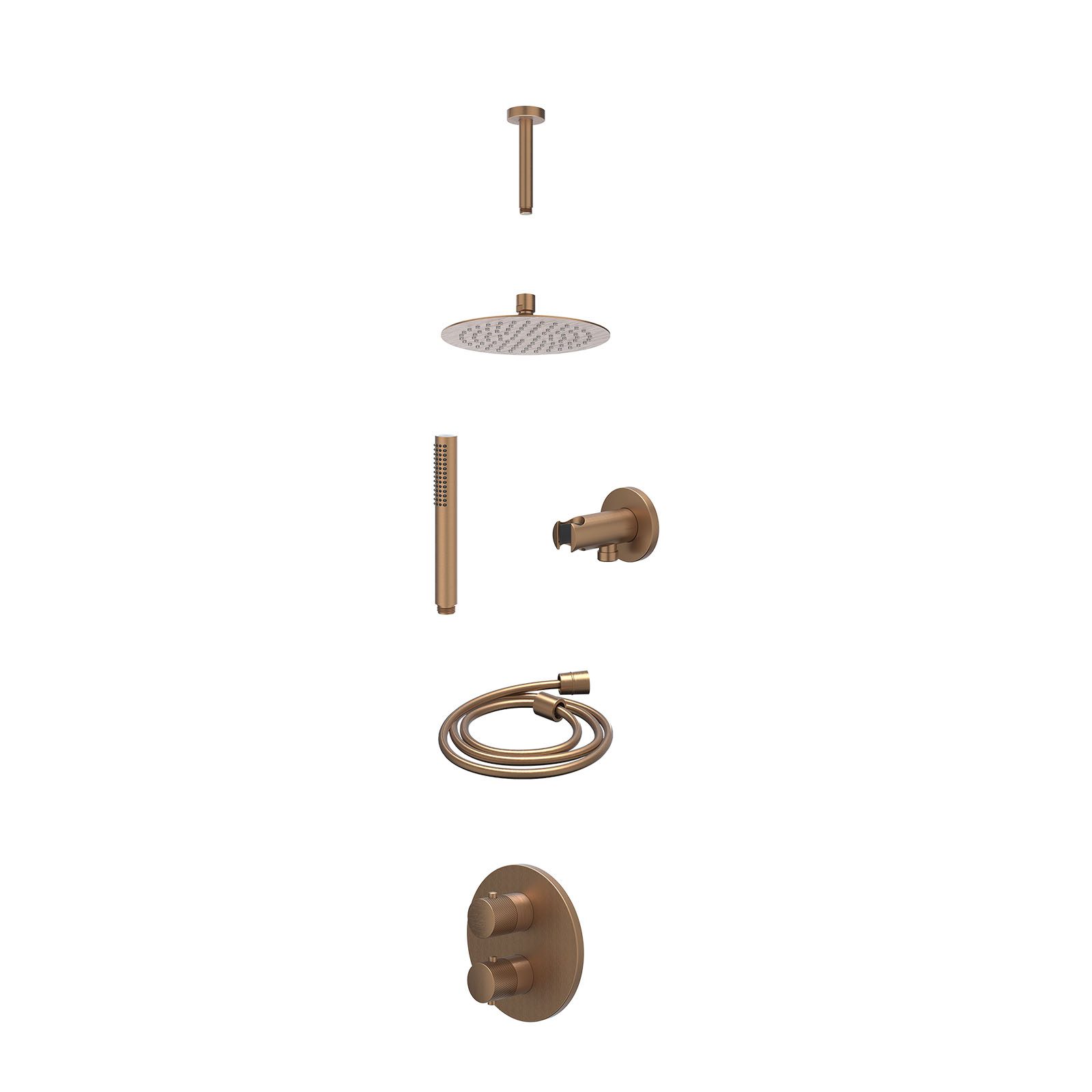IVY Nexus Regendoucheset inbouw 2-weg - 20cm slim - plafond 15cm - wandhouder - staafhanddouche - excl. inbouwbox - Geborsteld mat koper