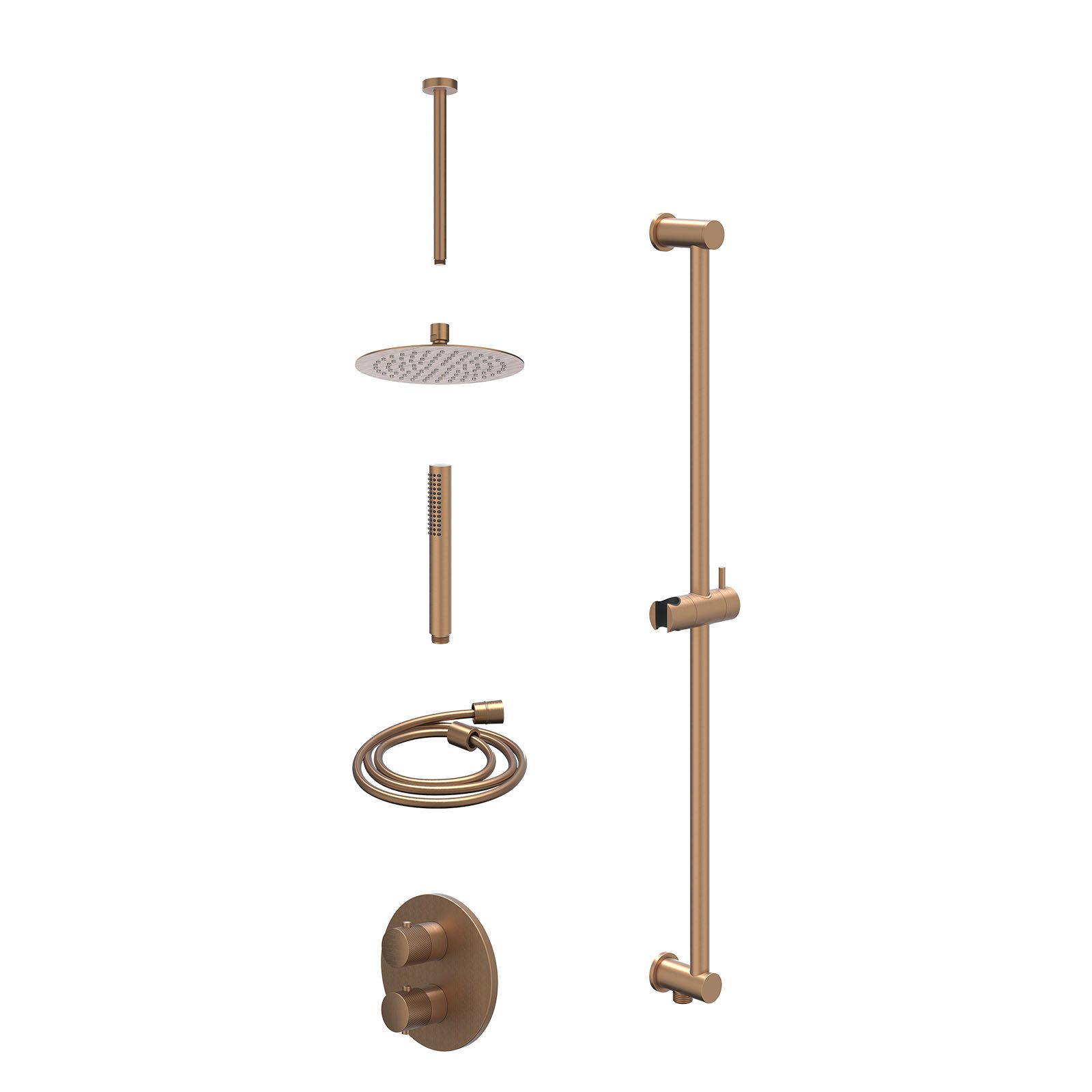 IVY Nexus Regendoucheset inbouw 2-weg - 20cm slim - plafond 30cm - glijstang - staafhanddouche - excl. inbouwbox - Geborsteld mat koper