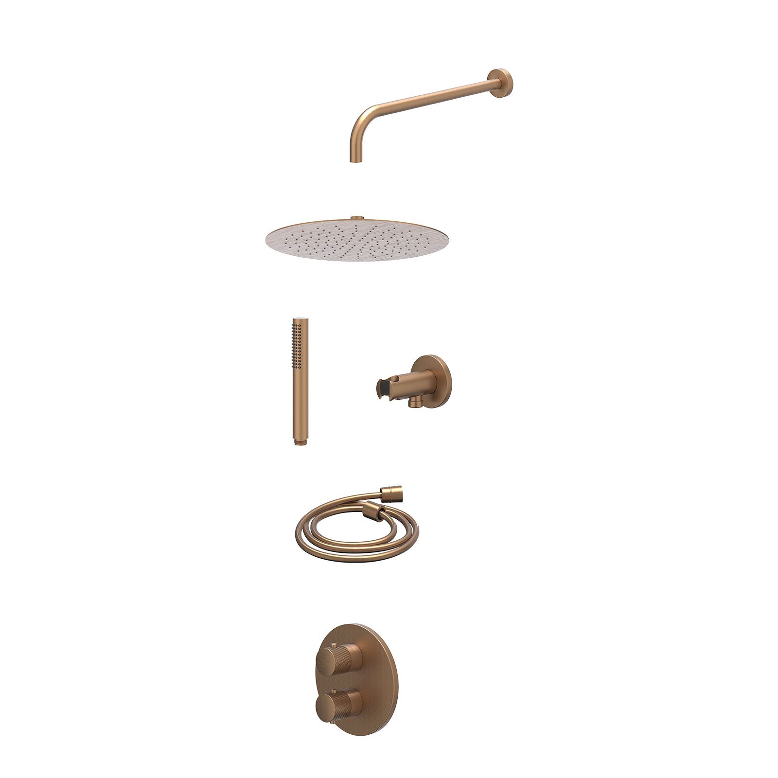 IVY Nexus Regendoucheset inbouw 2-weg - 30cm slim - wandarm - wandhouder - staafhanddouche - excl. inbouwbox - Geborsteld mat koper