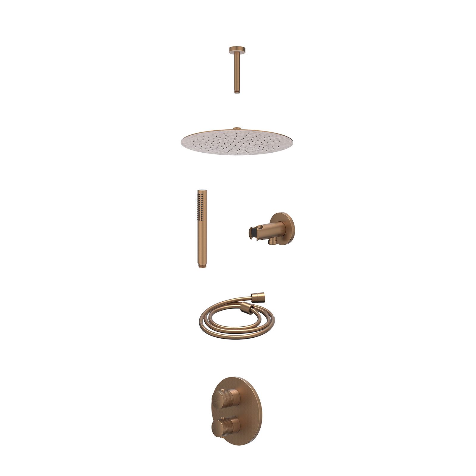 IVY Nexus Regendoucheset inbouw 2-weg - 30cm slim - plafond 15cm - wandhouder - staafhanddouche - excl. inbouwbox - Geborsteld mat koper