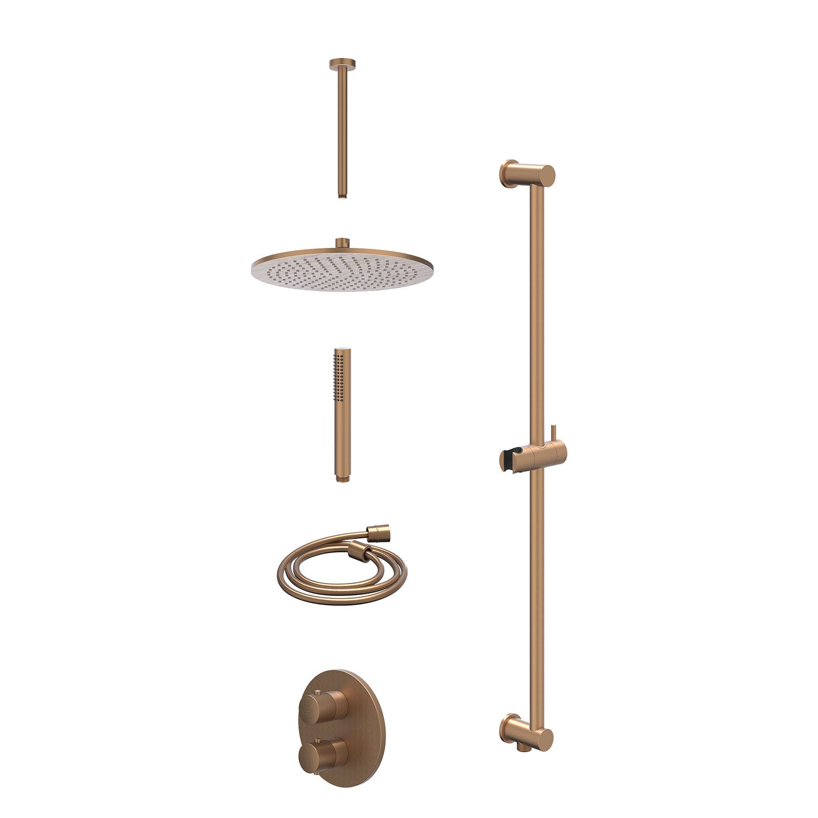 IVY Nexus Regendoucheset inbouw 2-weg - 30cm medium - plafond 30cm - glijstang - staafhanddouche - excl. inbouwbox - Geborsteld mat koper