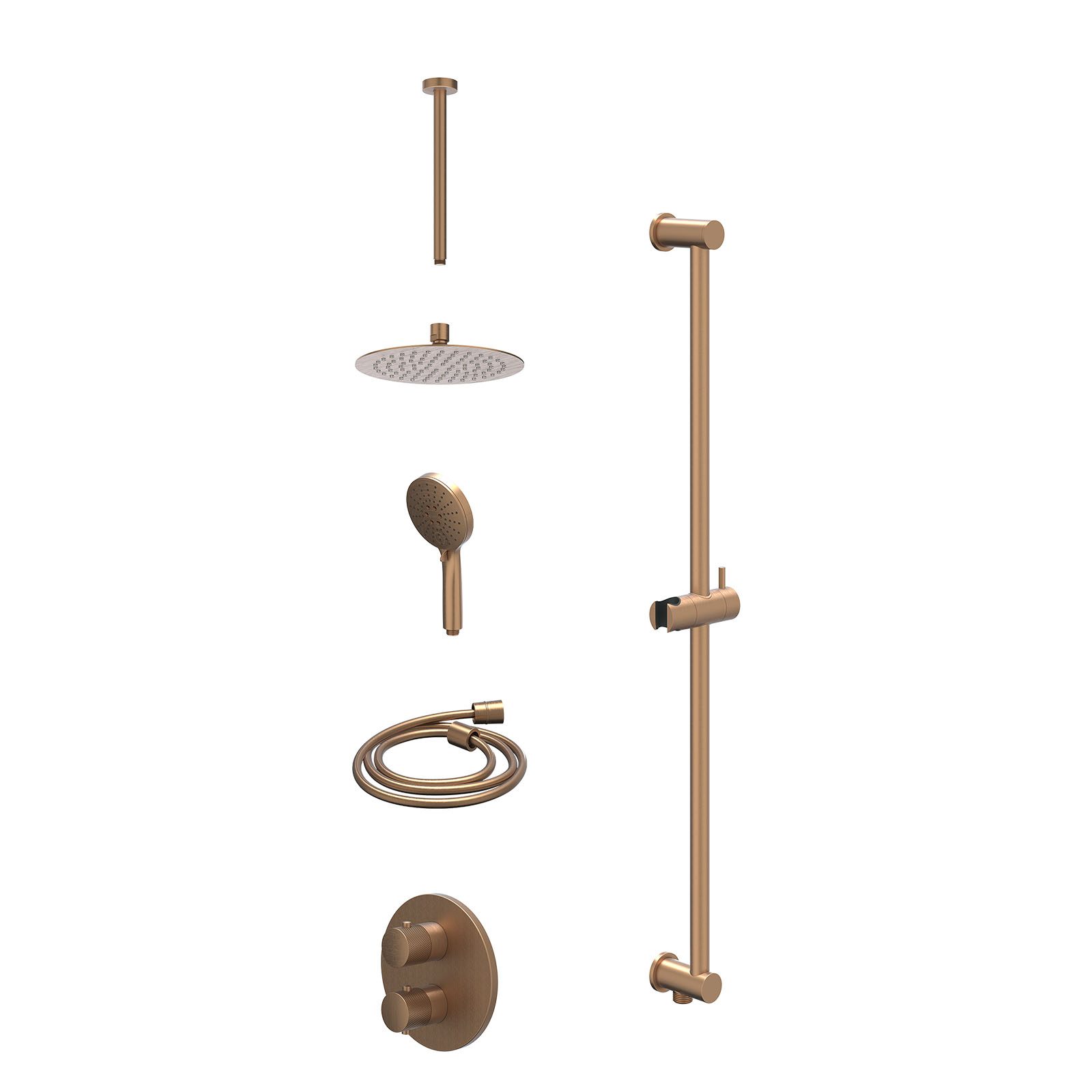 IVY Nexus Regendoucheset inbouw 2-weg - 20cm slim - plafond 30cm - glijstang - 3-standen - excl. inbouwbox - Geborsteld mat koper