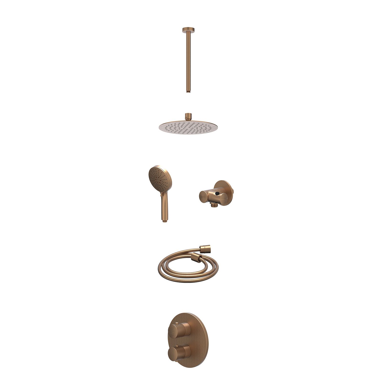 IVY Nexus Regendoucheset inbouw 2-weg - 20cm slim - plafond 30cm - verstelbare steun - 3-standen - excl. inbouwbox - Geborsteld mat koper