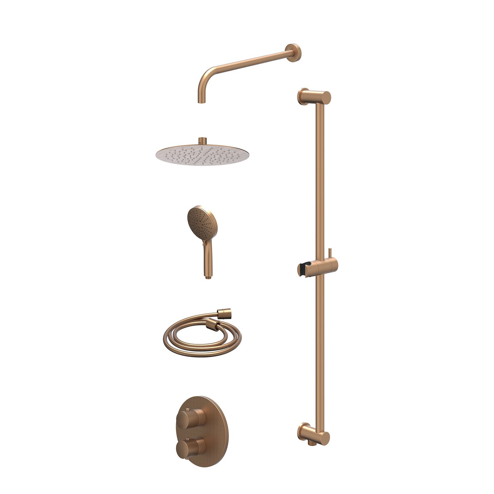 IVY Nexus Regendoucheset inbouw 2-weg - 25cm slim - wandarm - glijstang - 3-standen - excl. inbouwbox - Geborsteld mat koper