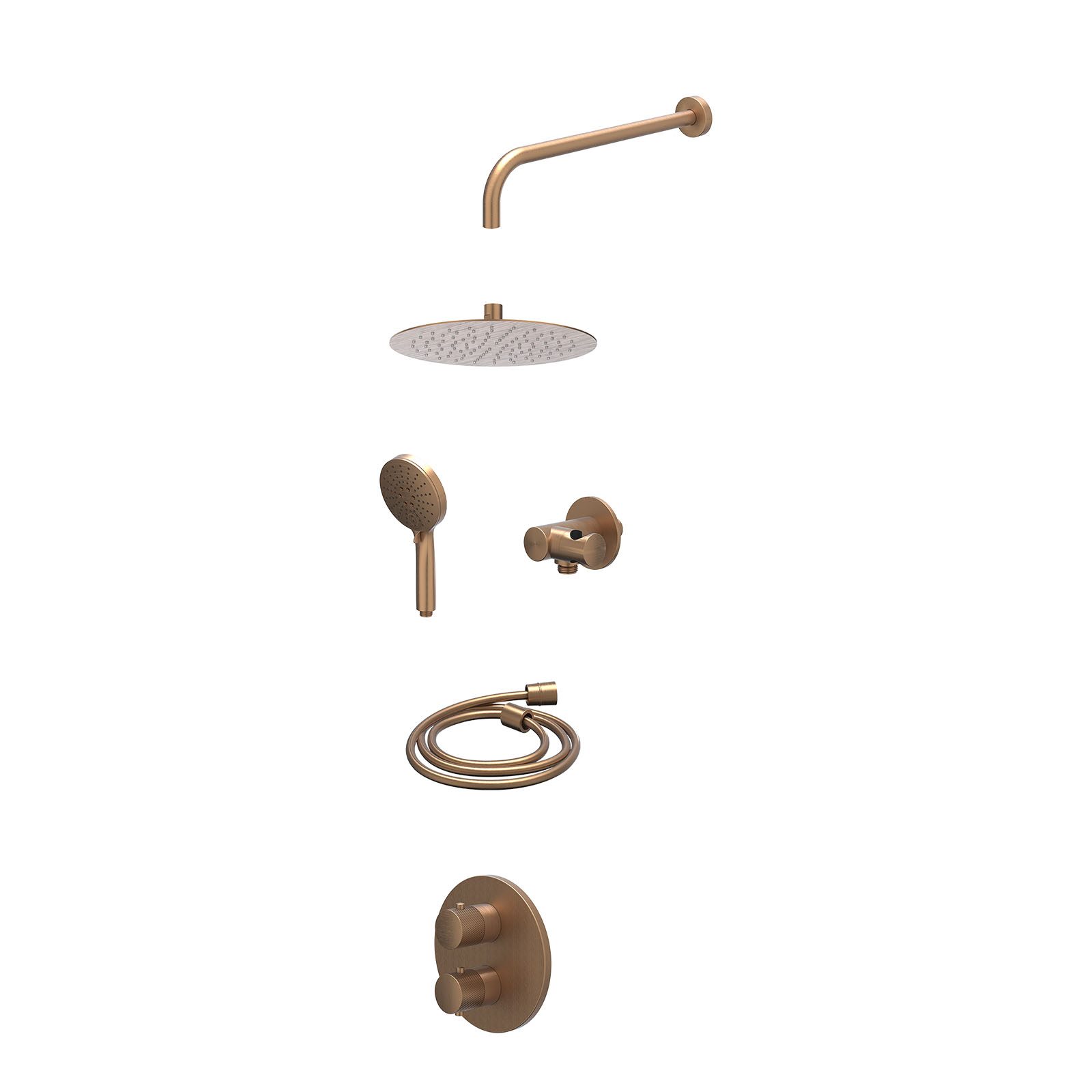 IVY Nexus Regendoucheset inbouw 2-weg - 25cm slim - wandarm - verstelbare steun - 3-standen - excl. inbouwbox - Geborsteld mat koper