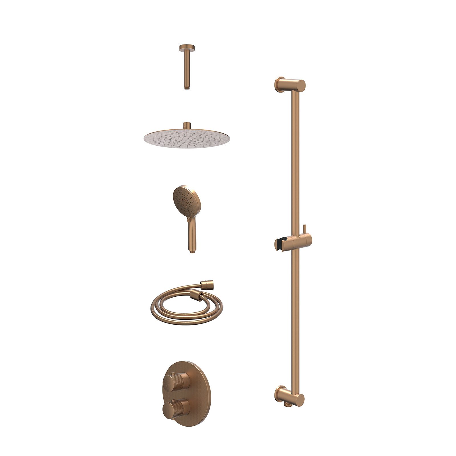 IVY Nexus Regendoucheset inbouw 2-weg - 25cm slim - plafond 15cm - glijstang - 3-standen - excl. inbouwbox - Geborsteld mat koper