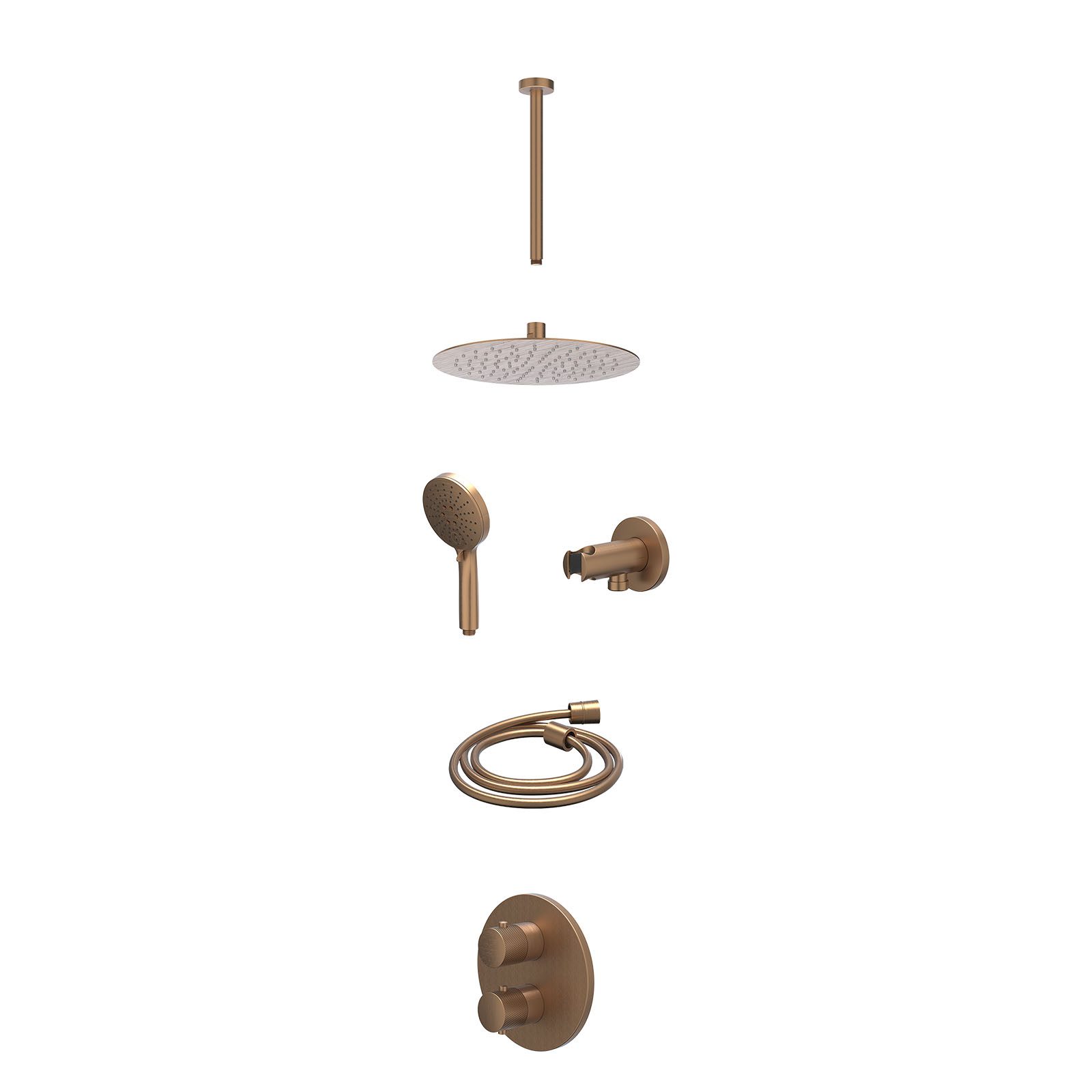 IVY Nexus Regendoucheset inbouw 2-weg - 25cm slim - plafond 30cm - wandhouder - 3-standen - excl. inbouwbox - Geborsteld mat koper
