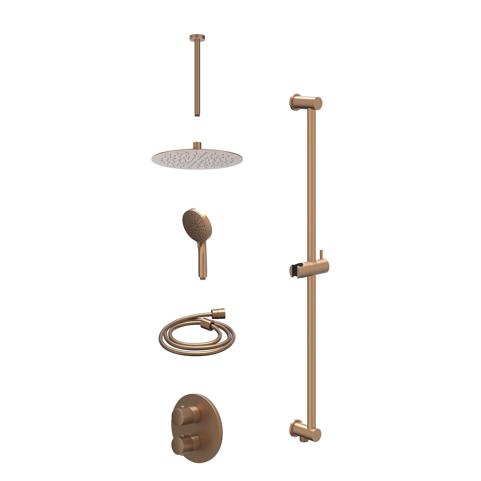 IVY Nexus Regendoucheset inbouw 2-weg - 25cm slim - plafond 30cm - glijstang - 3-standen - excl. inbouwbox - Geborsteld mat koper