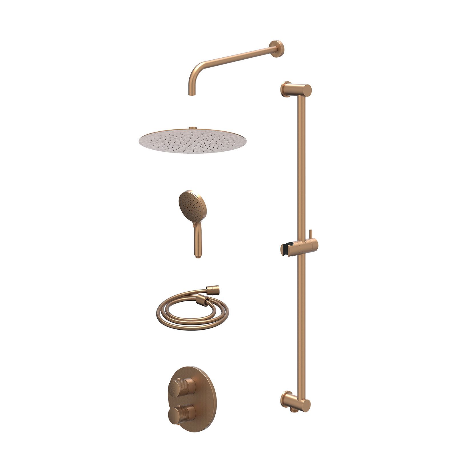 IVY Nexus Regendoucheset inbouw 2-weg - 30cm slim - wandarm - glijstang - 3-standen - excl. inbouwbox - Geborsteld mat koper