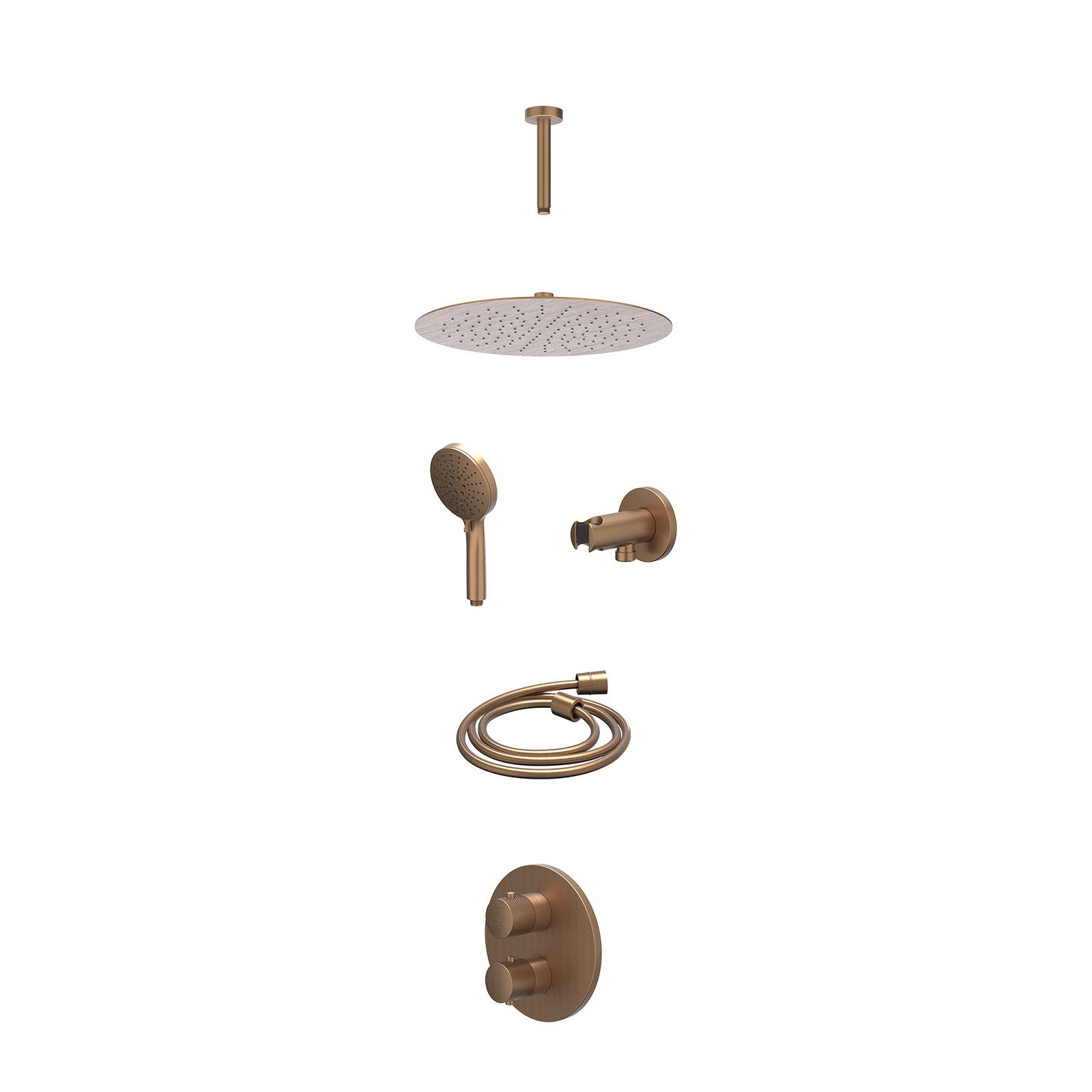 IVY Nexus Regendoucheset inbouw 2-weg - 30cm slim - plafond 15cm - wandhouder - 3-standen - excl. inbouwbox - Geborsteld mat koper