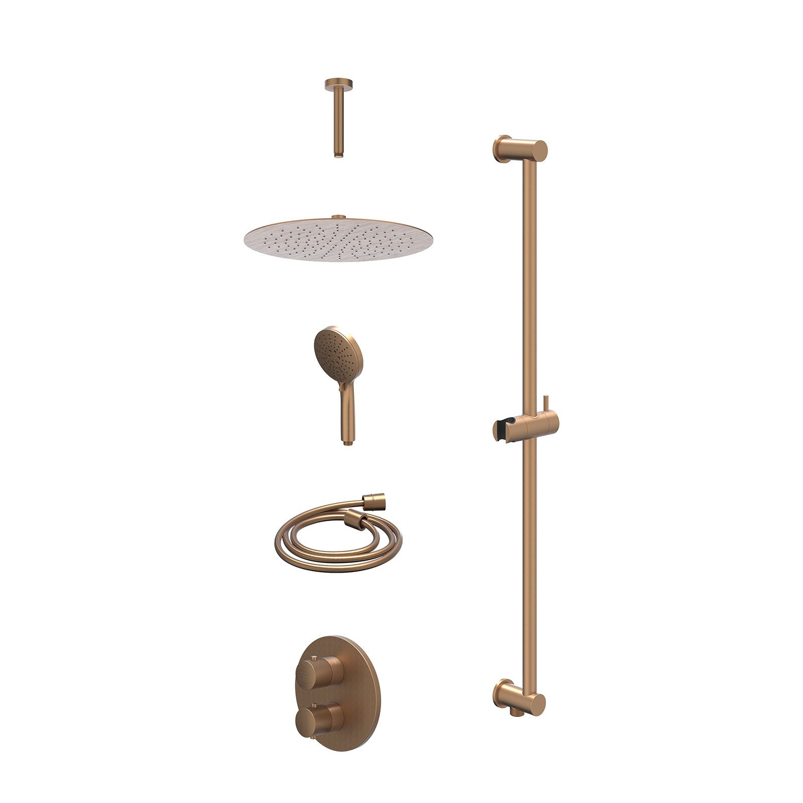 IVY Nexus Regendoucheset inbouw 2-weg - 30cm slim - plafond 15cm - glijstang - 3-standen - excl. inbouwbox - Geborsteld mat koper