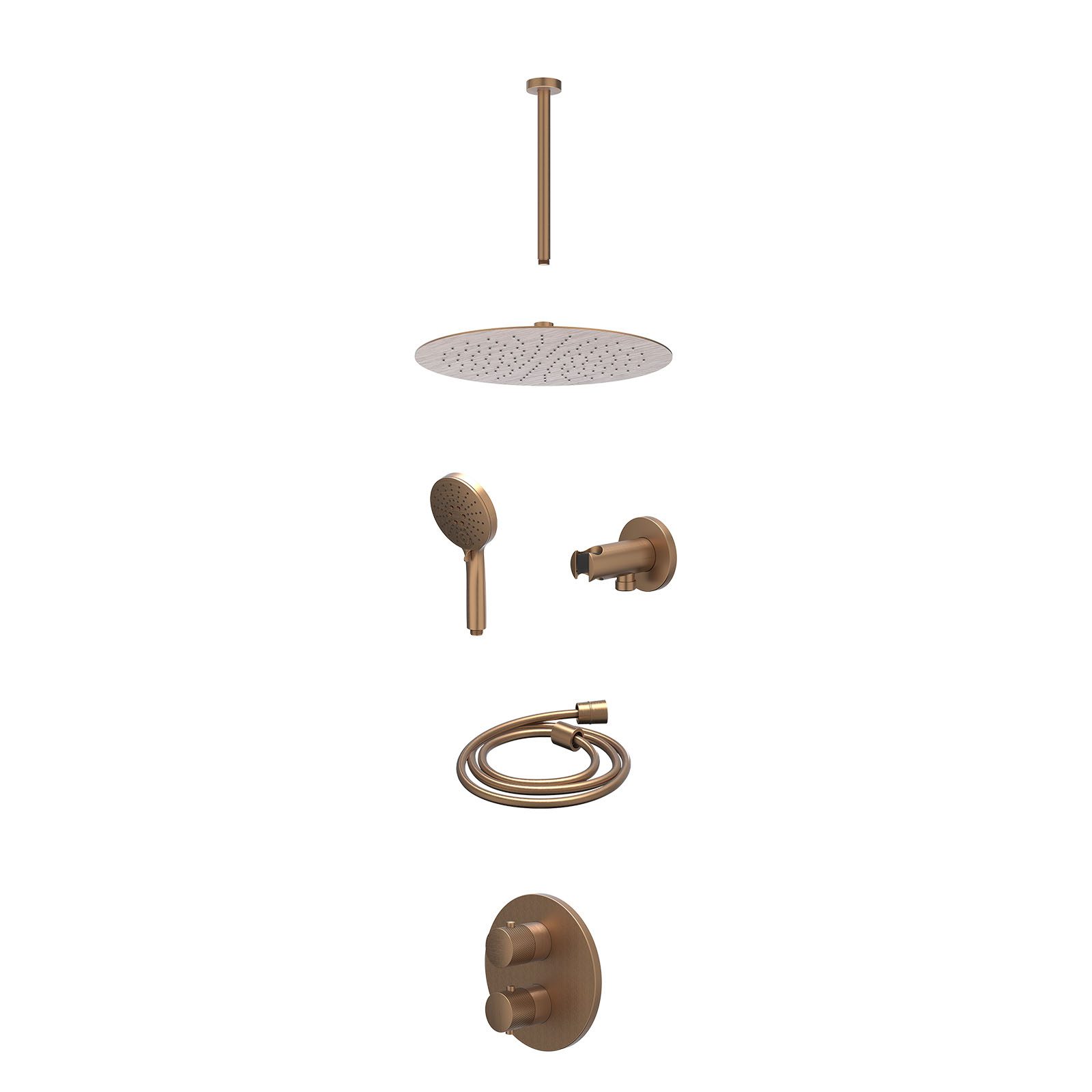 IVY Nexus Regendoucheset inbouw 2-weg - 30cm slim - plafond 30cm - wandhouder - 3-standen - excl. inbouwbox - Geborsteld mat koper