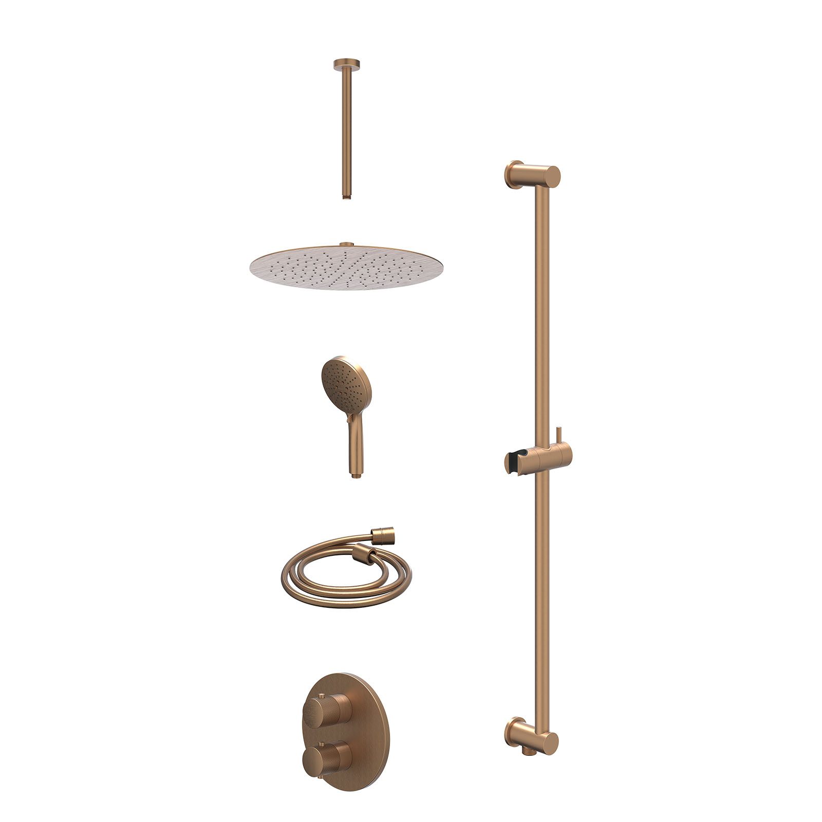 IVY Nexus Regendoucheset inbouw 2-weg - 30cm slim - plafond 30cm - glijstang - 3-standen - excl. inbouwbox - Geborsteld mat koper