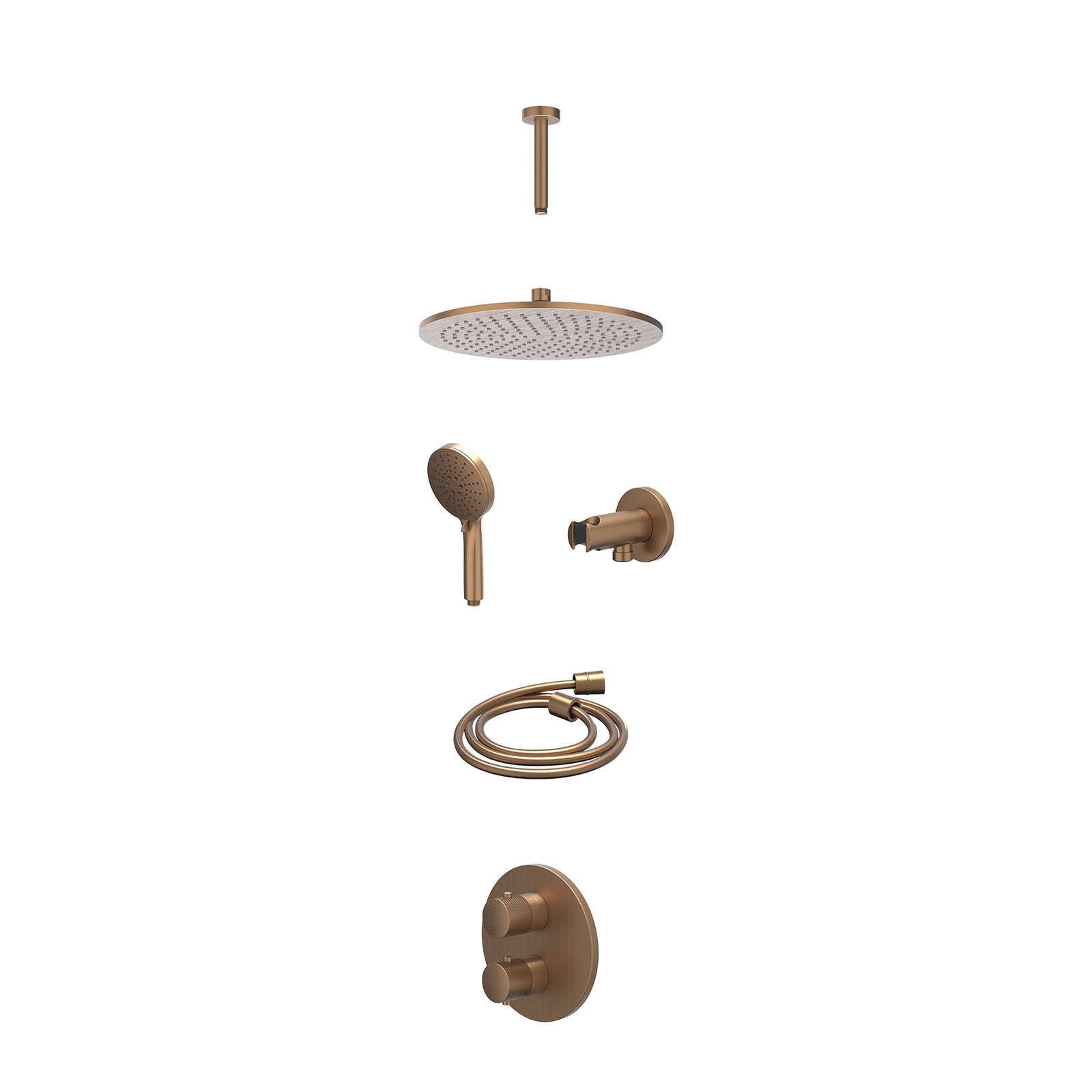 IVY Nexus Regendoucheset inbouw 2-weg - 30cm medium - plafond 15cm - wandhouder - 3-standen - excl. inbouwbox - Geborsteld mat koper