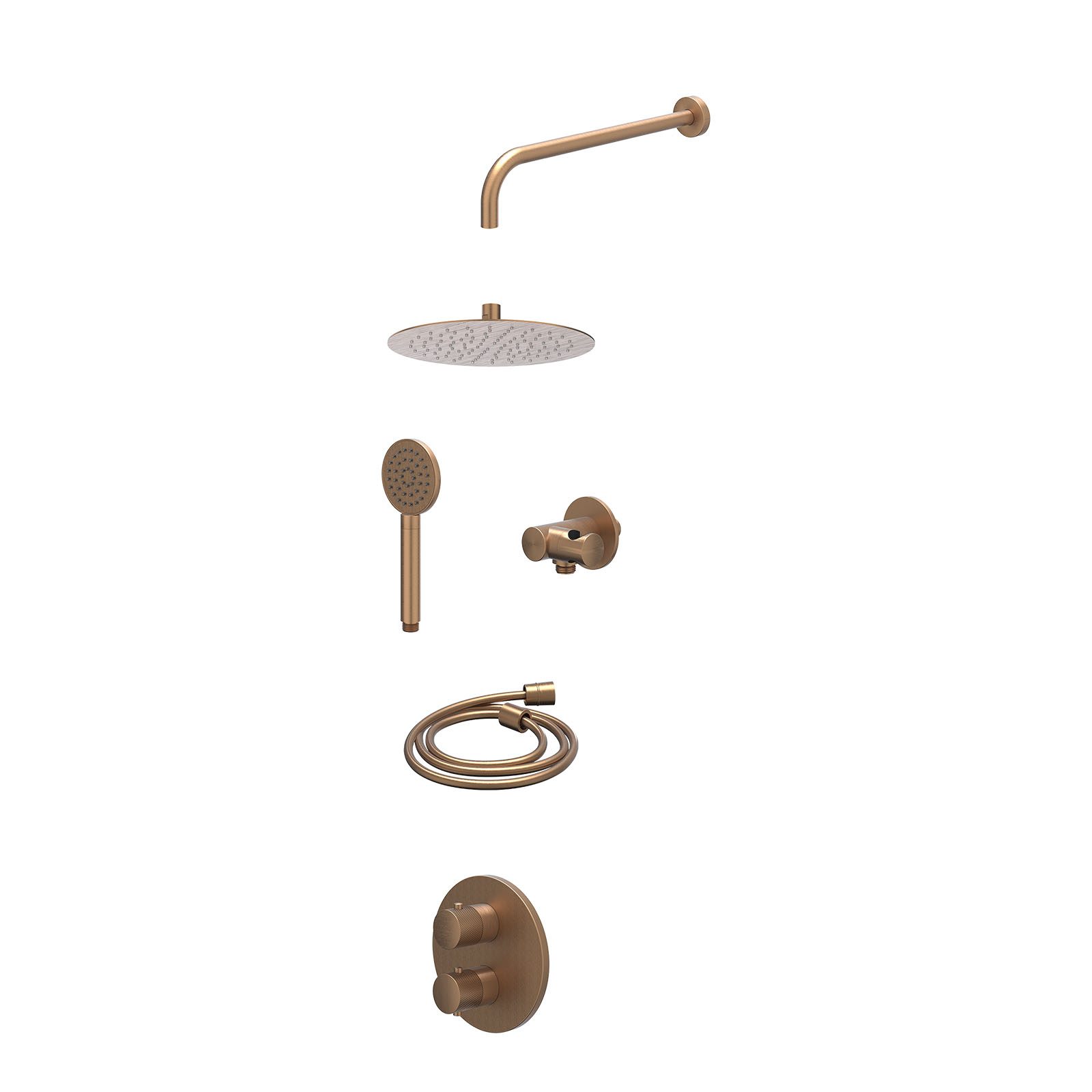 IVY Nexus Regendoucheset inbouw 2-weg - 25cm slim - wandarm - verstelbare steun - satin spray - excl. inbouwbox - Geborsteld mat koper
